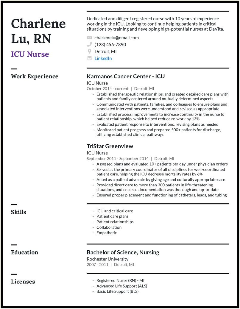 Registered Nurse Job Summary For Resume