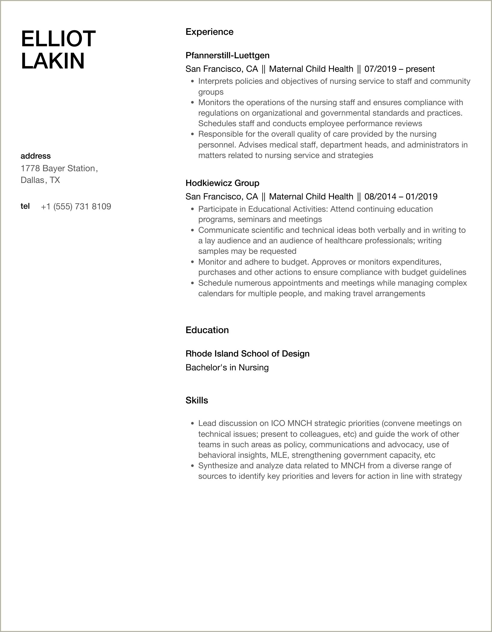 Registered Nurse Maternal Child Resume Examples