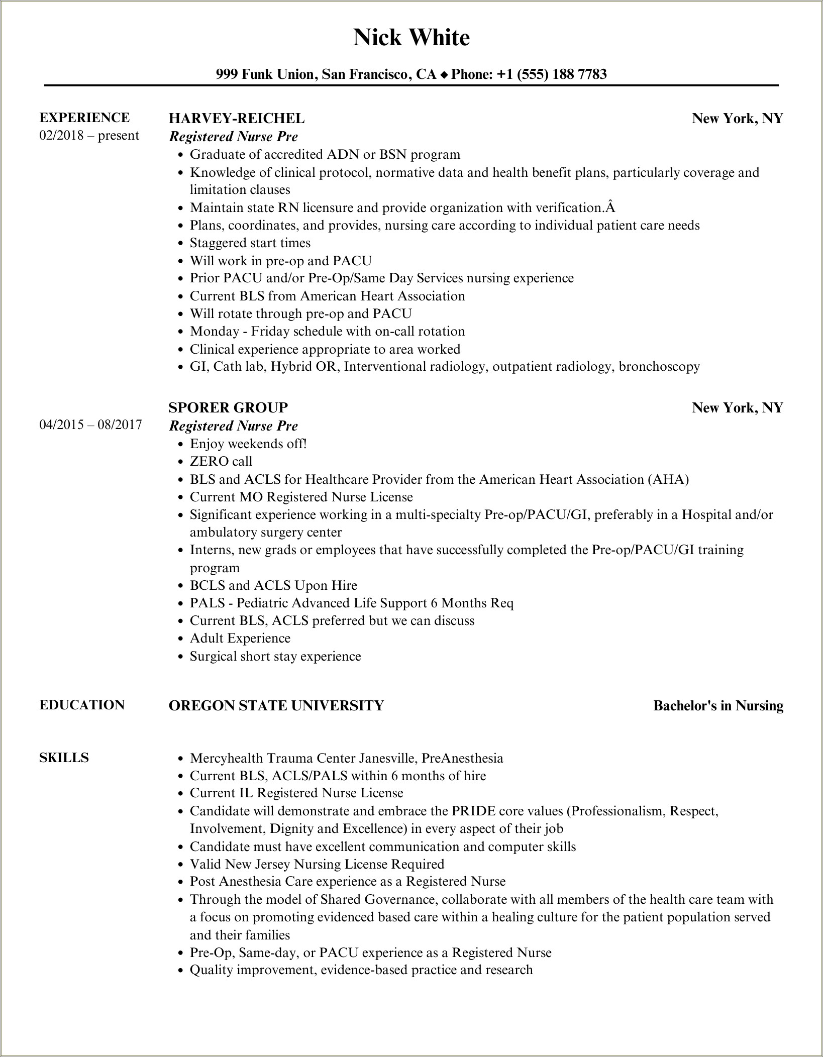 Registered Nurse Resume With One Year Experience