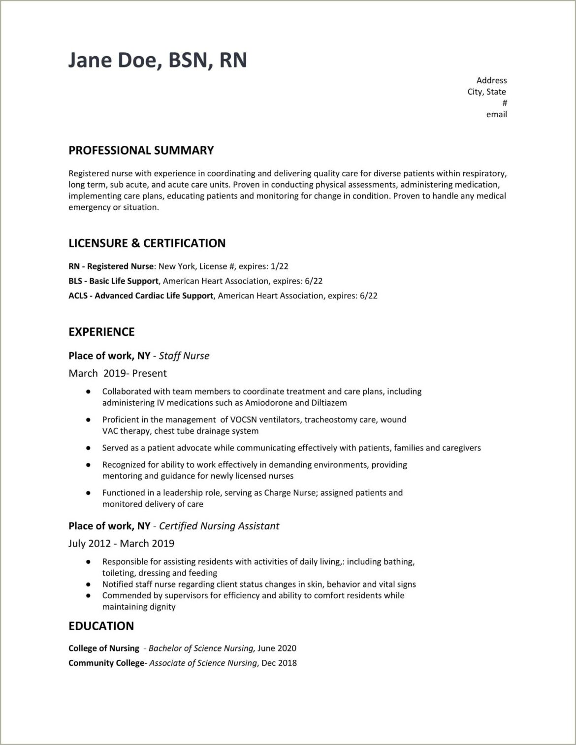 Registered Nurse Resume With Only 1 Job