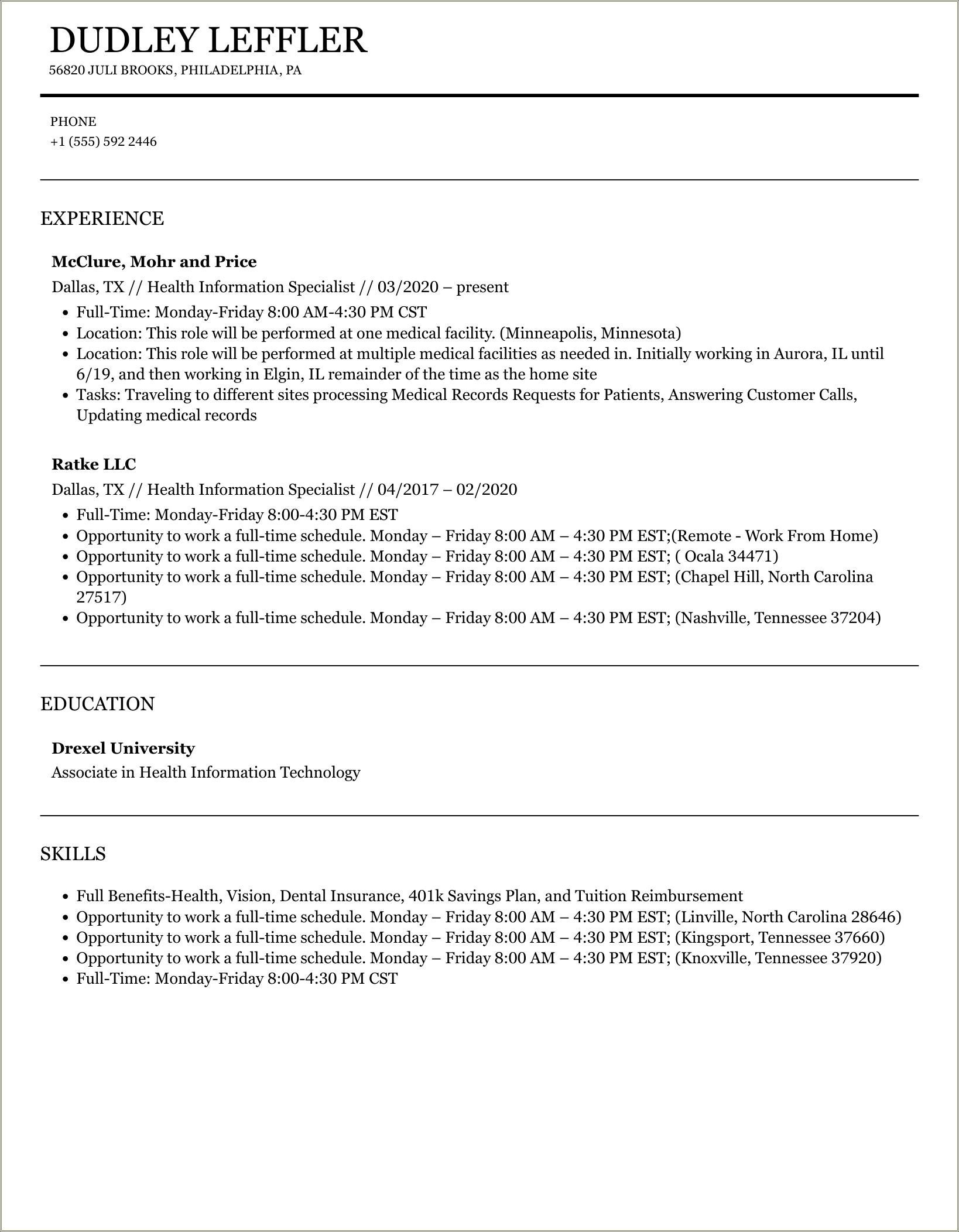 Release Of Information Specialist Resume Sample