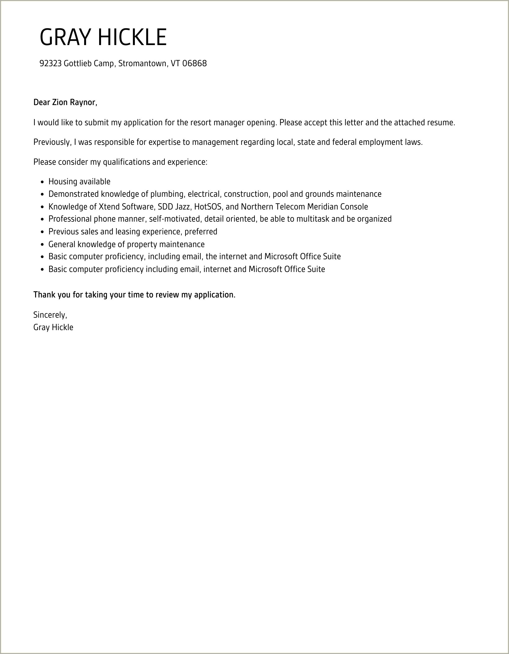 Remote Resort Caretaker Resume Cover Letter