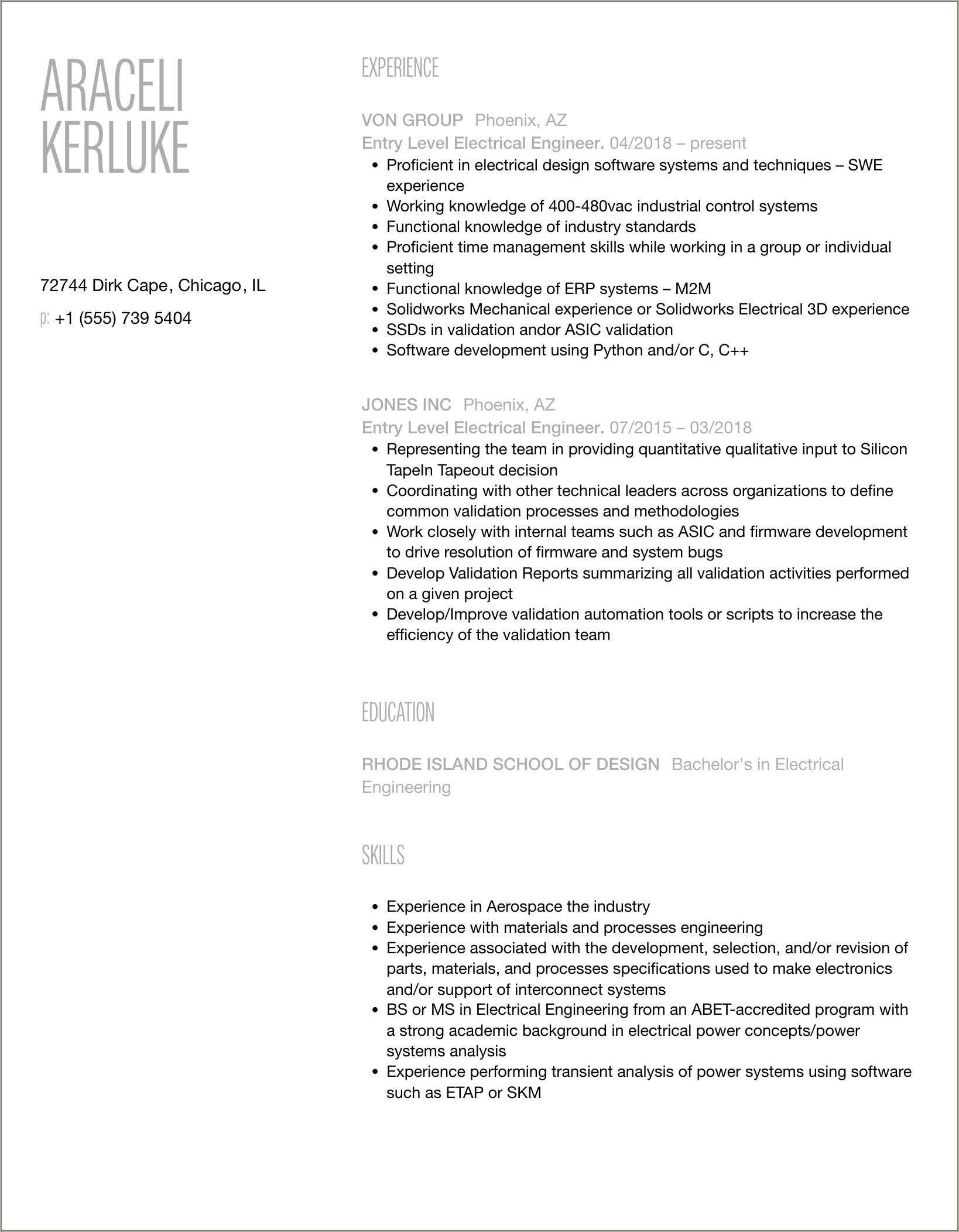 Rentry Level Electrical Engineering Resume Objective