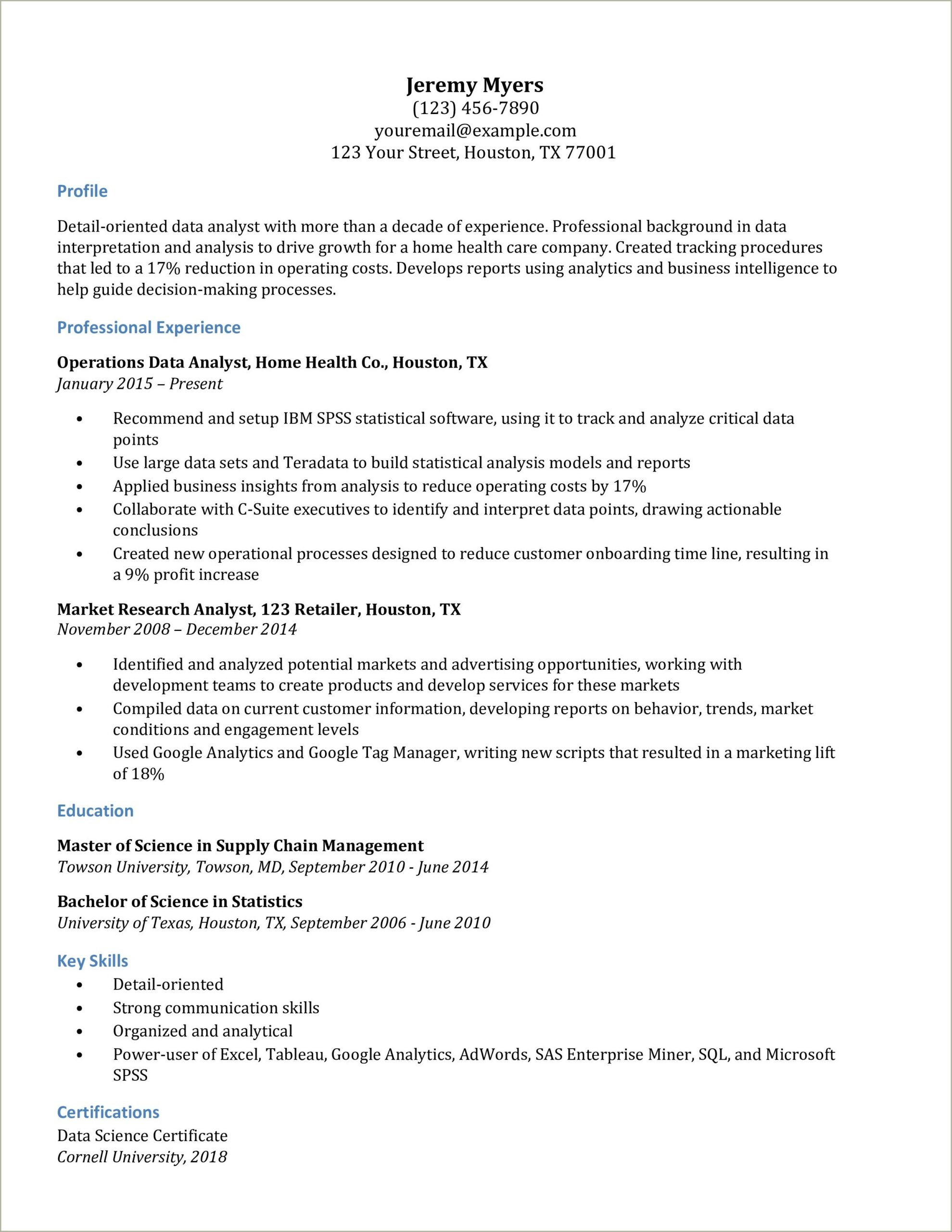 Reporting And Data Analyst Resume Sample