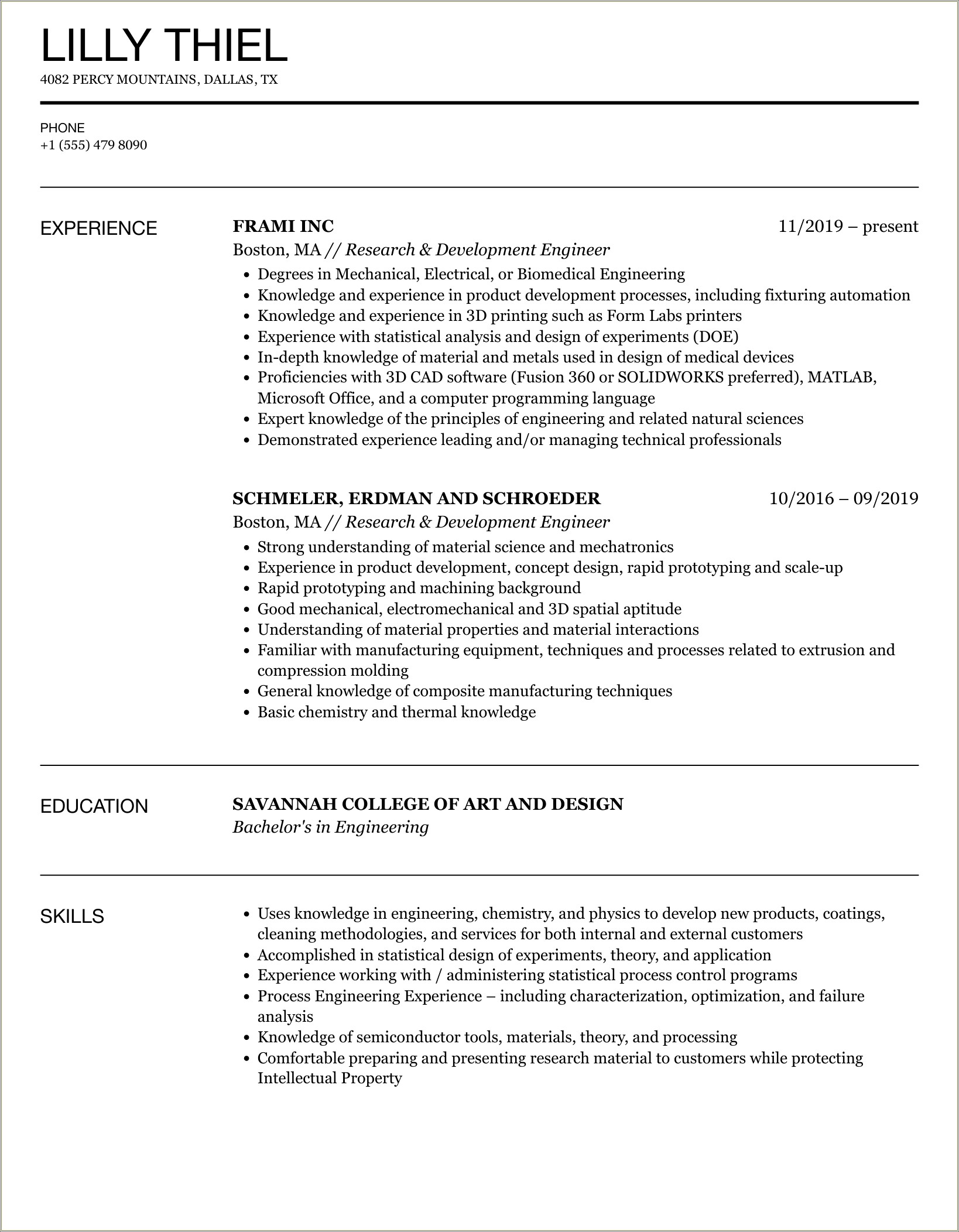 Research And Development Engineer Resume Examples