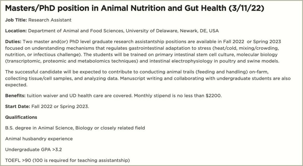 Research Assistant Resume Description Feed Animals