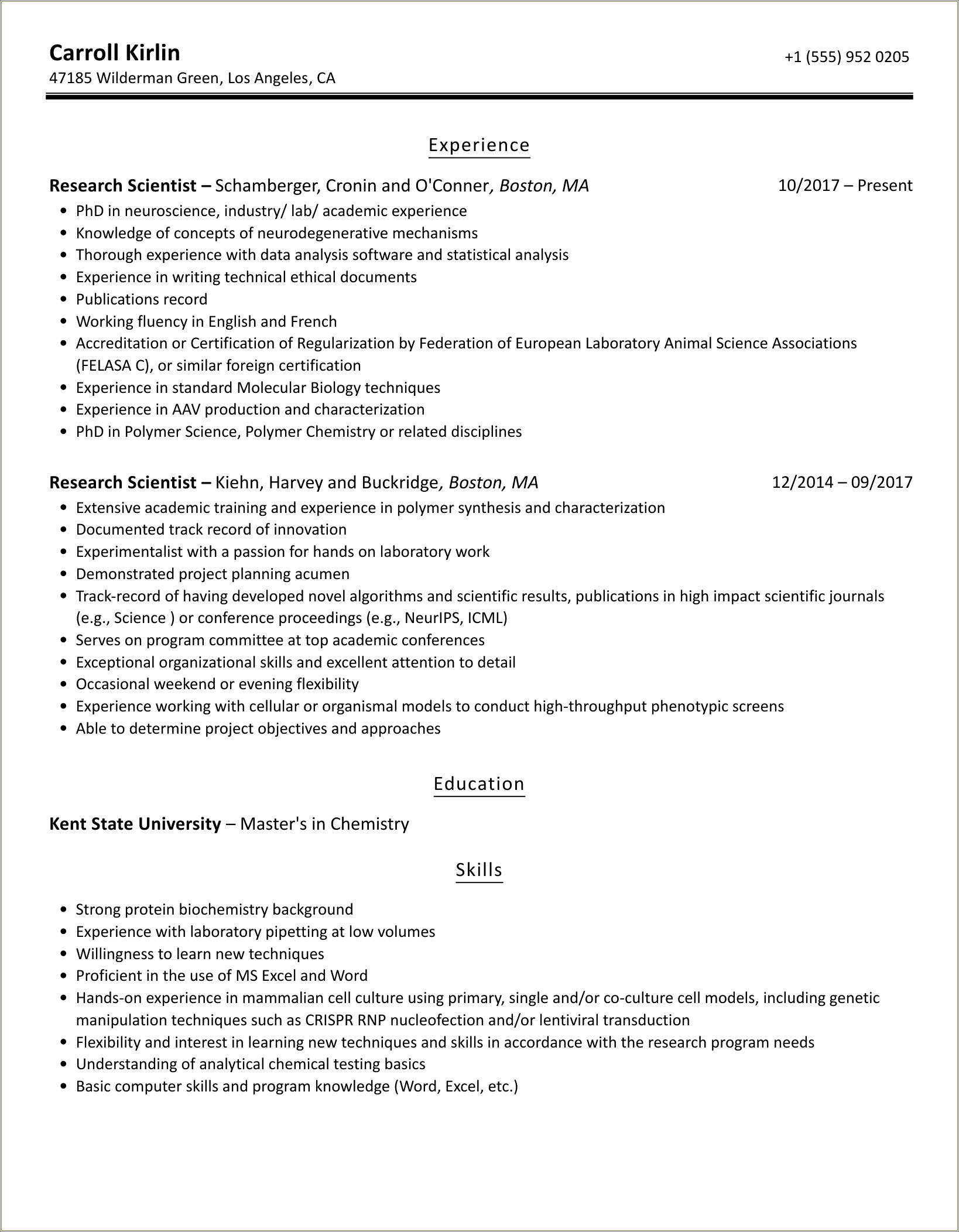 Research Scientist In Biology Resume Example