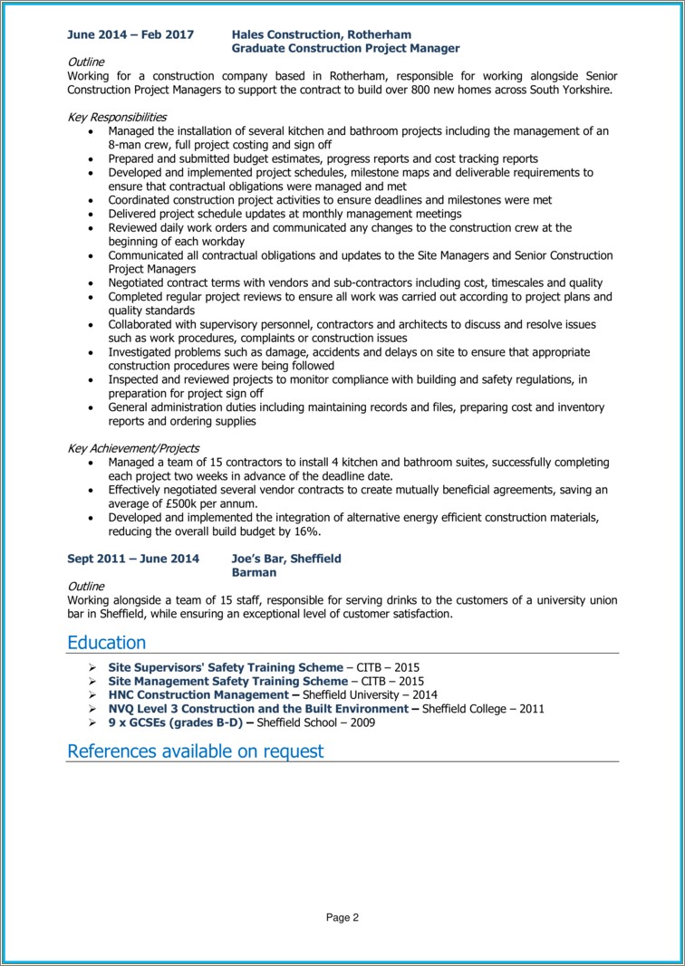 Residential Construction Project Superitendent Jobs Sample Resume