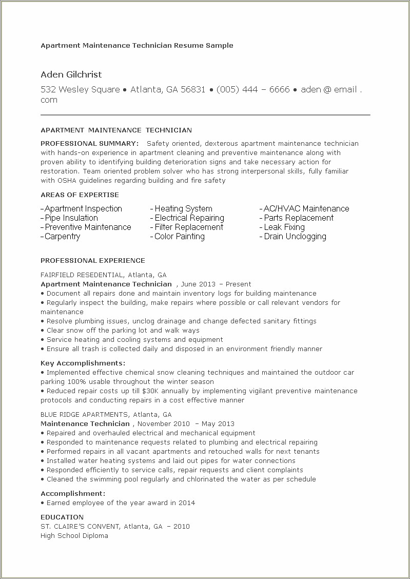 Residential Maintenance Objective For A Resume