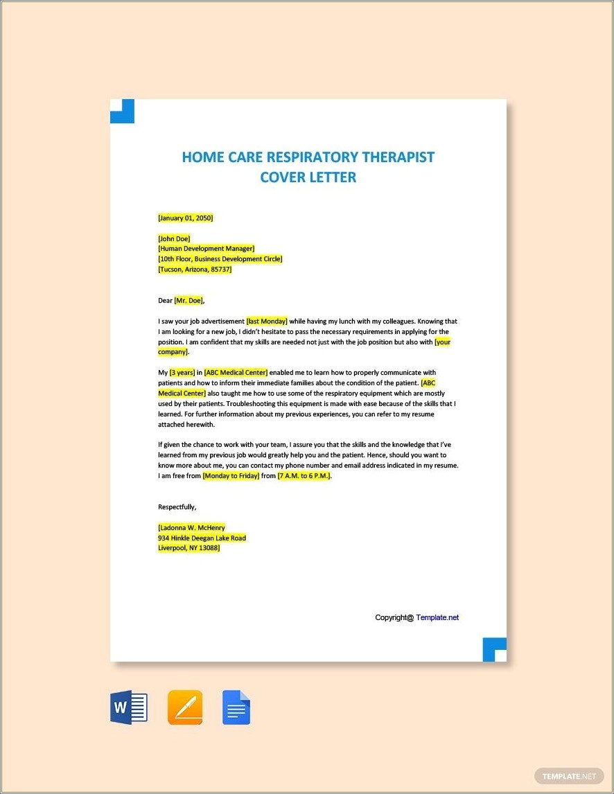 Respiratory Therapist Sample Resume Cover Letter
