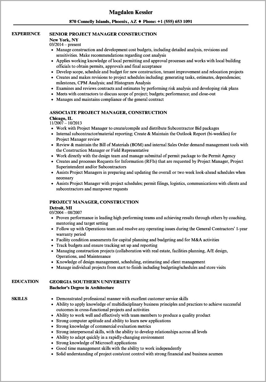 Responsibilities Of Construction Project Manager Change Notice Resume