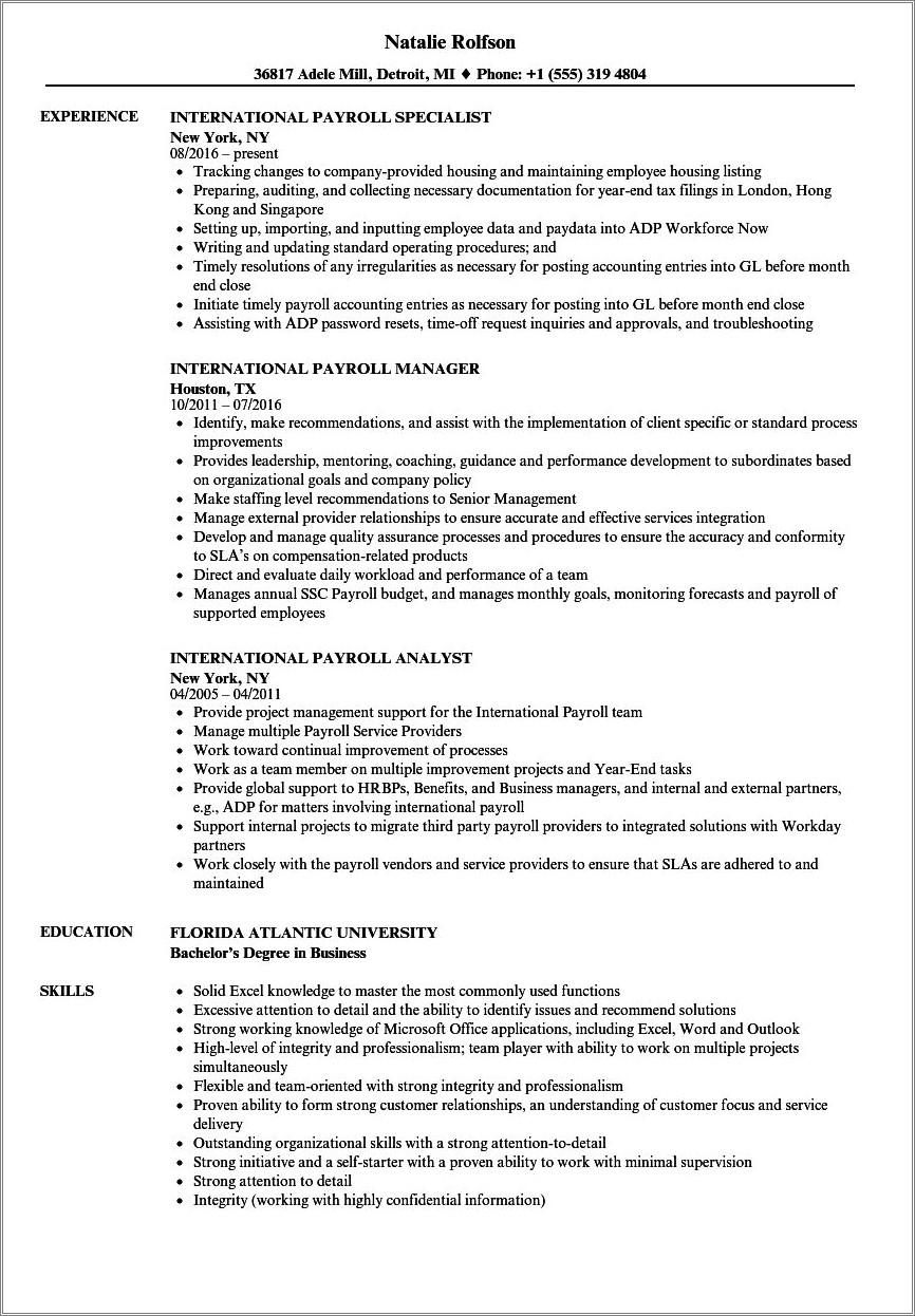 Responsibility Of Payroll Manager On Resume