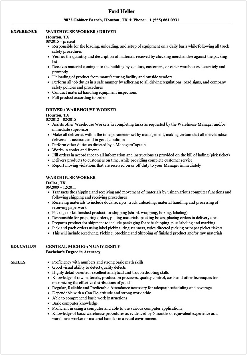 Responsibility Of Warehouse Worker In A Resume