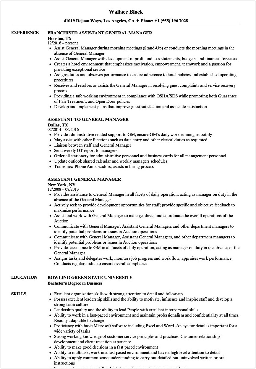 Restaurant General Manager Duties And Responsibilities Resume