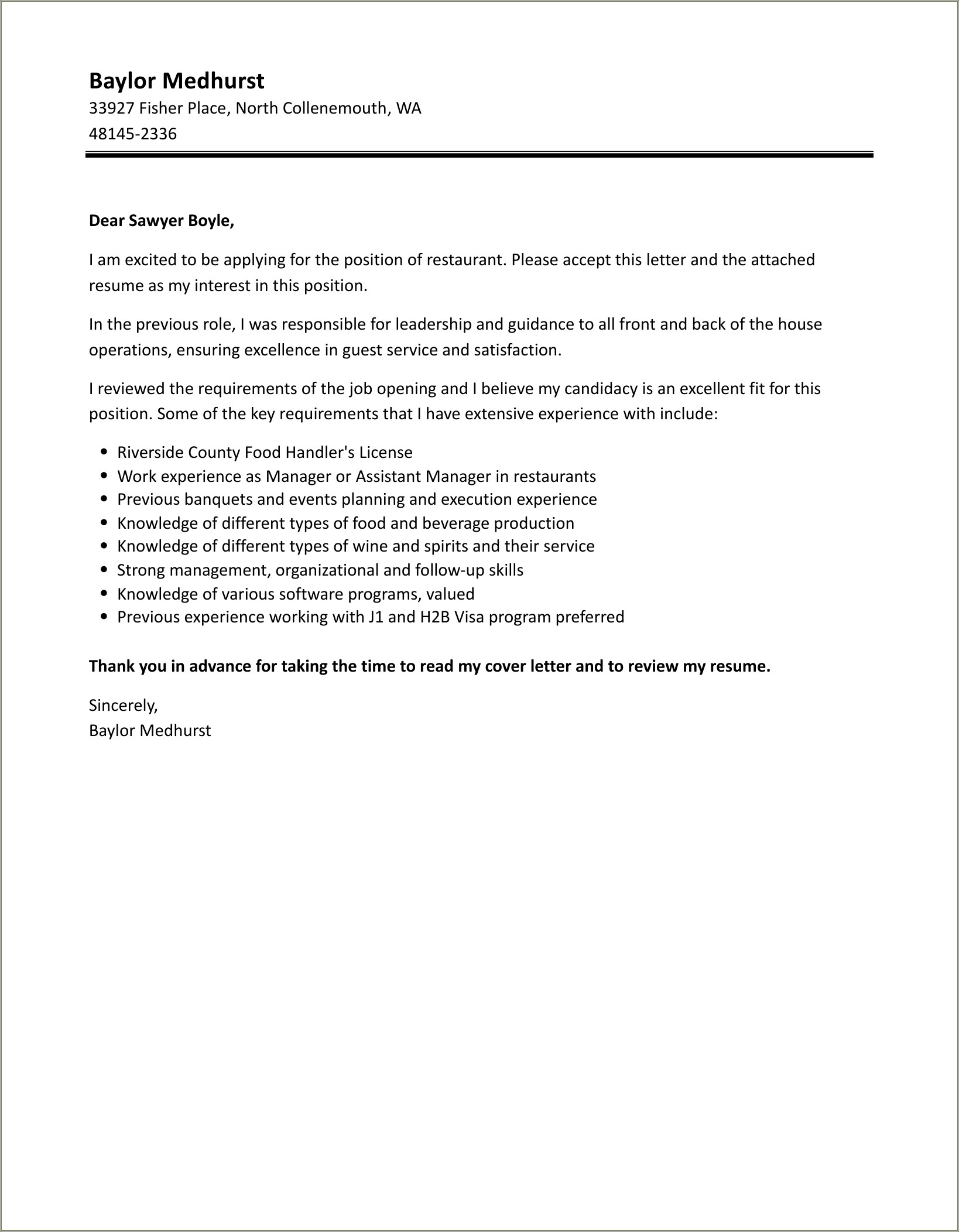 Restaurant Manager Resume Cover Letter Samples