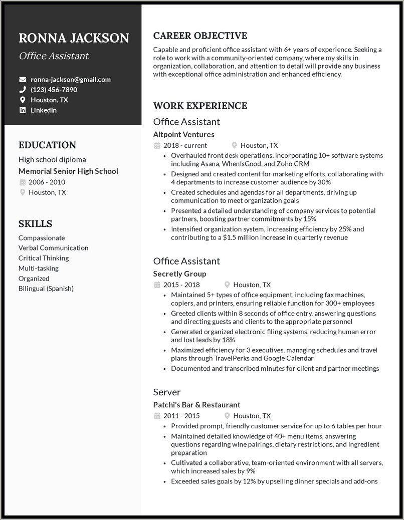 Restaurant Office Administrator Job Description For Resume