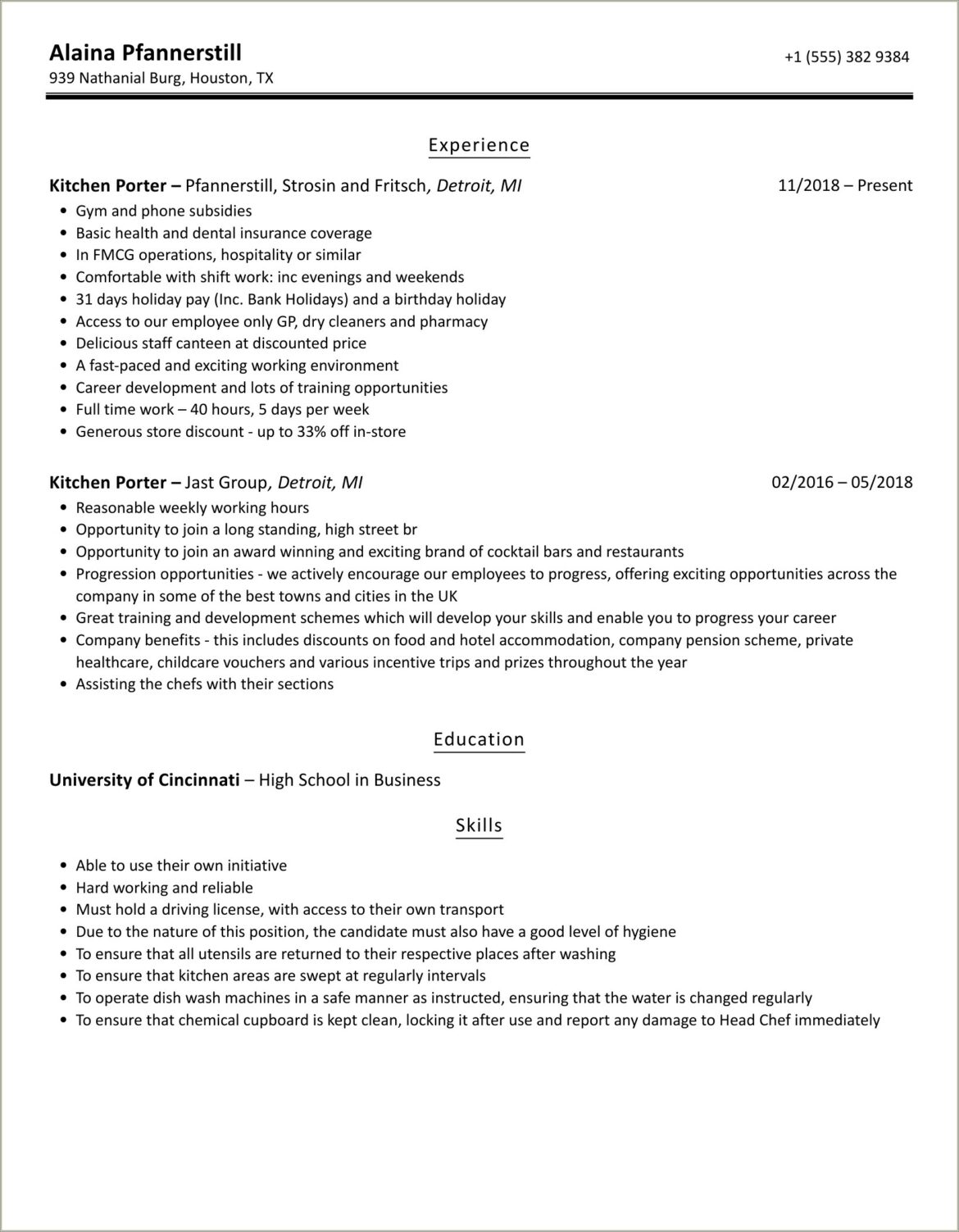 Restaurant Porter Job Description For Resume