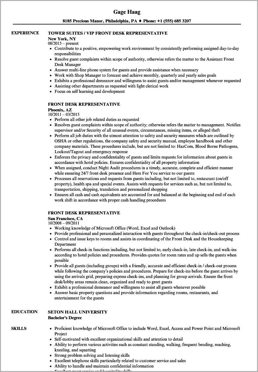 Restaurant Receptionist Job Description For Resume