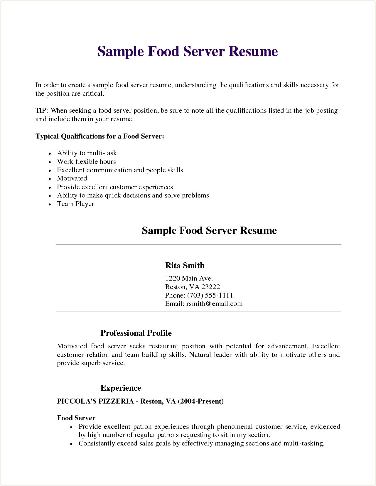Restaurant Server Job Description Resume Sample