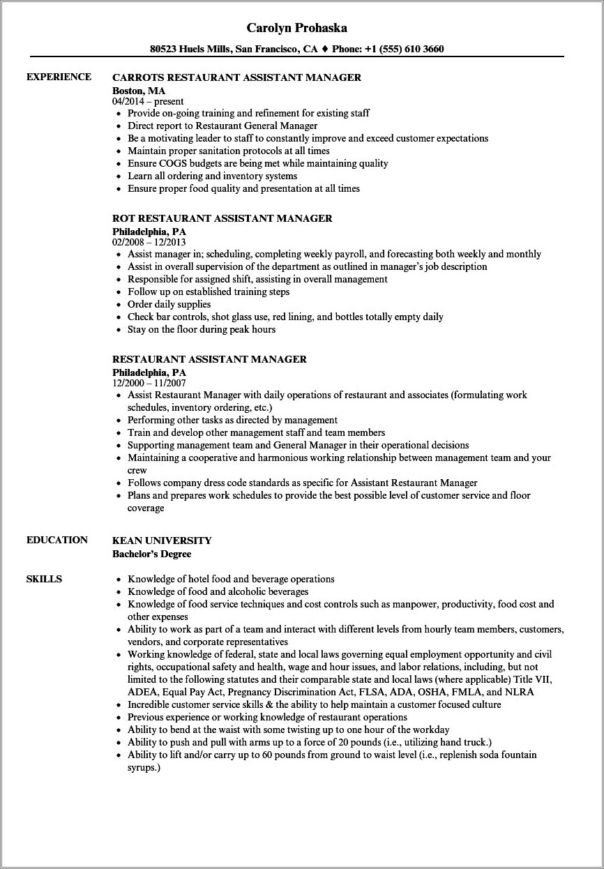 Restaurant Shift Manager Job Description Resume