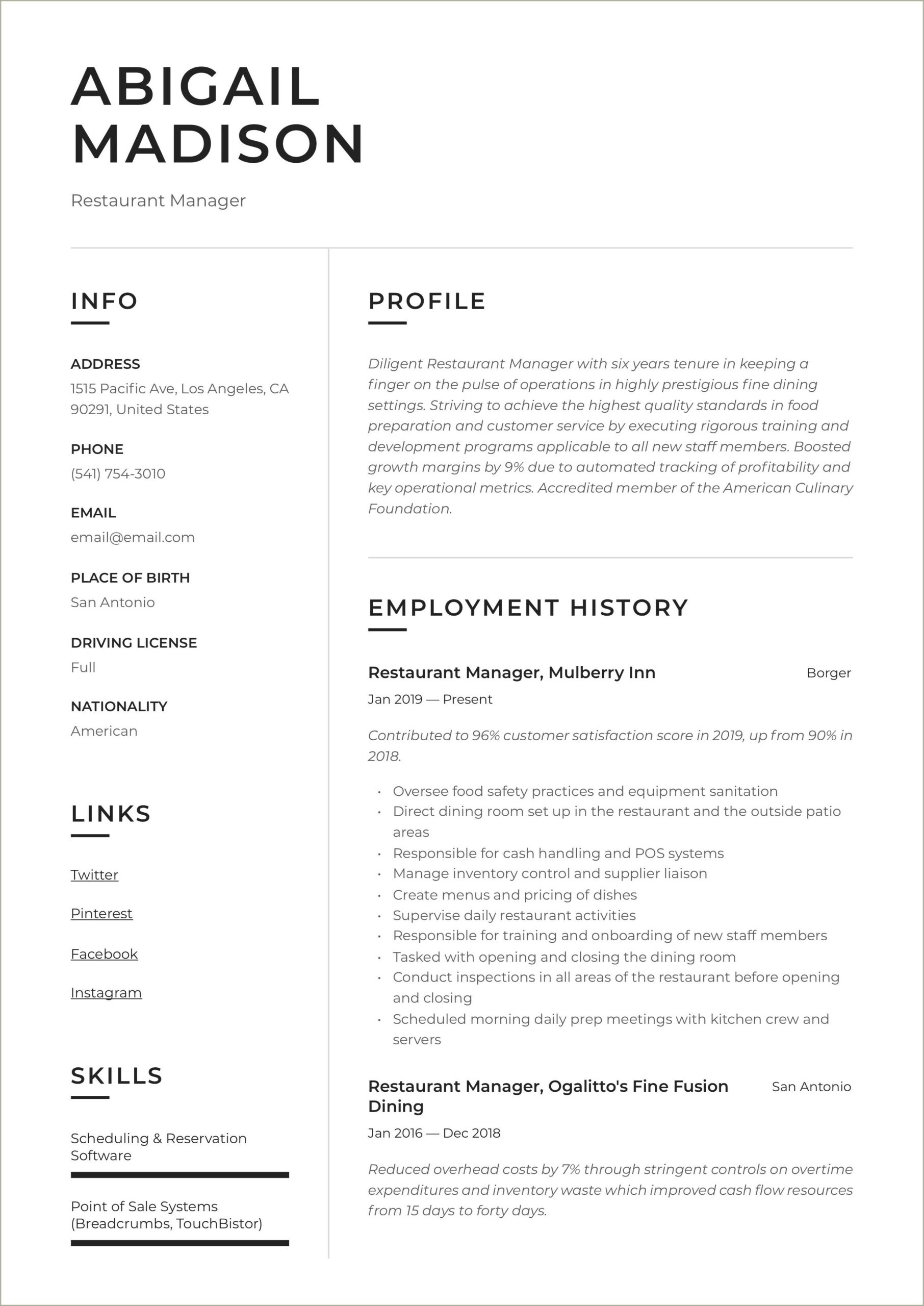 Restuaurant Manager Profile Summary On Resume