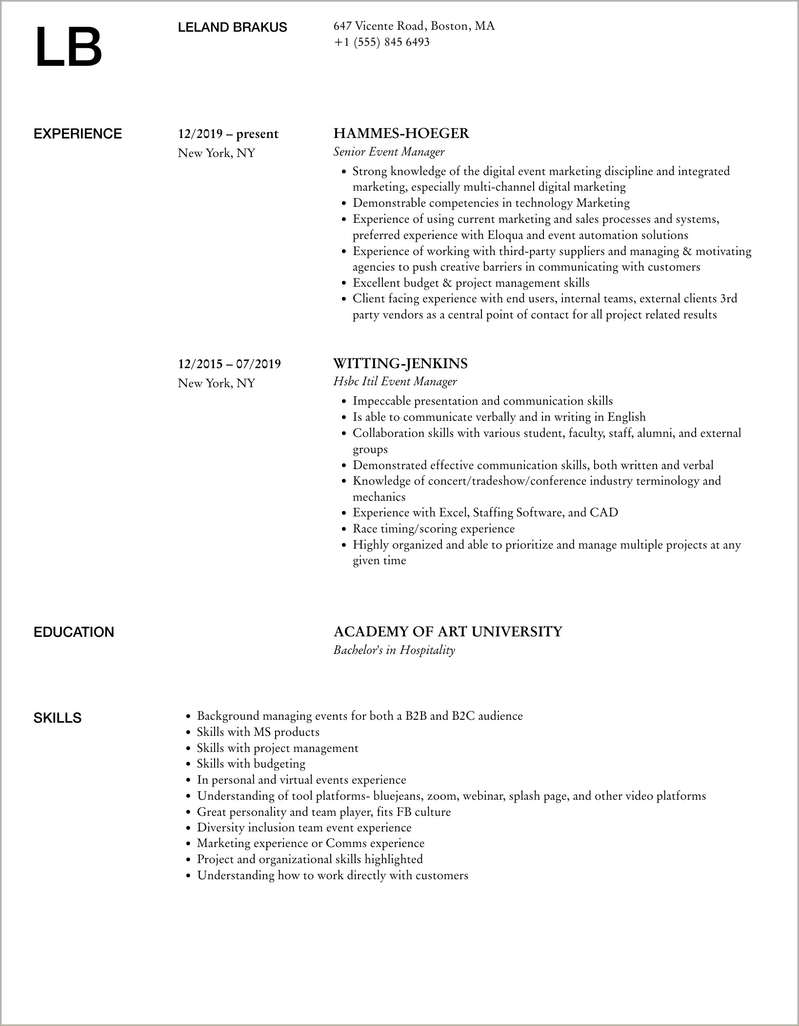 Resume 2019 Skills For Event Specialist