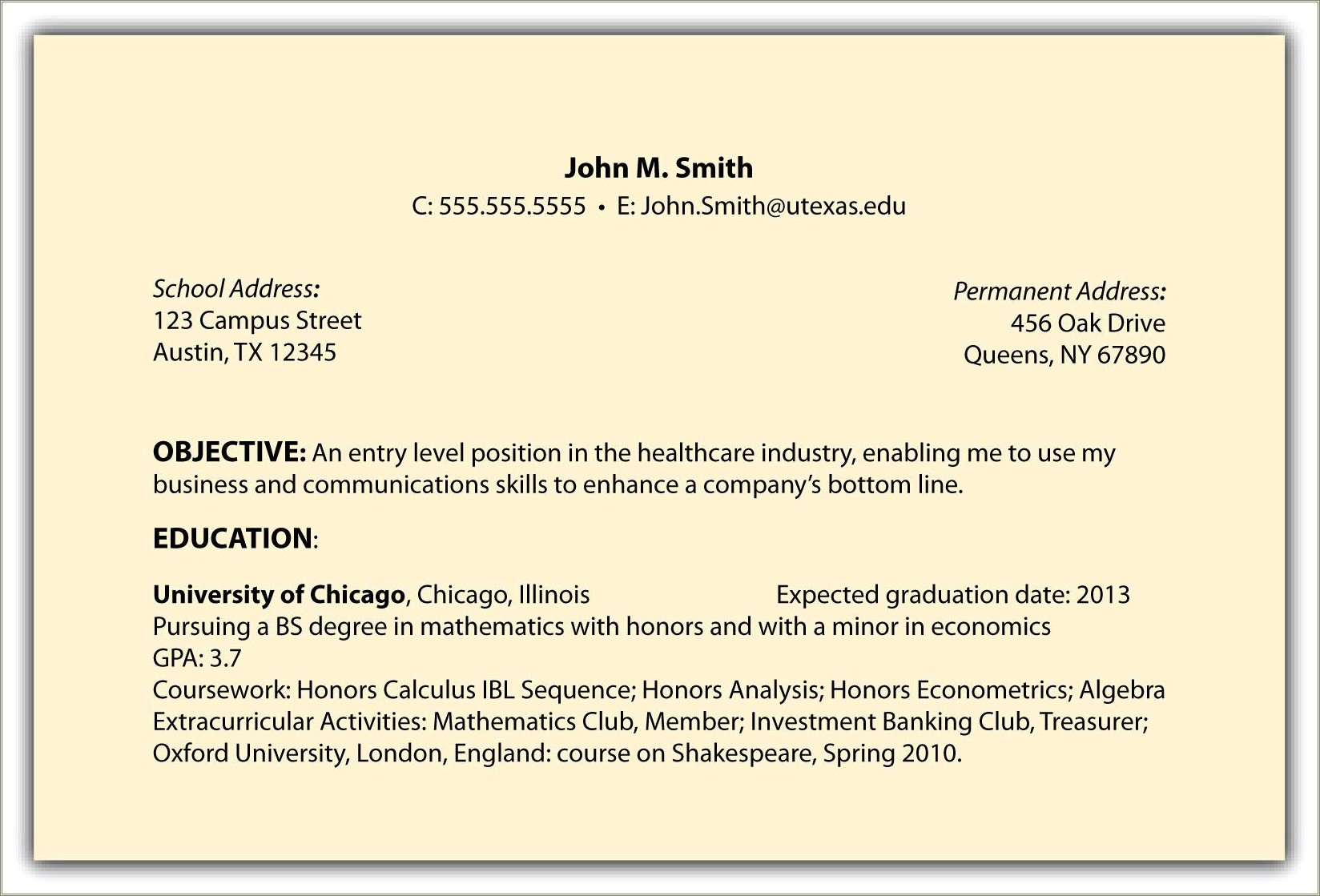 Resume About Me And Objective Section