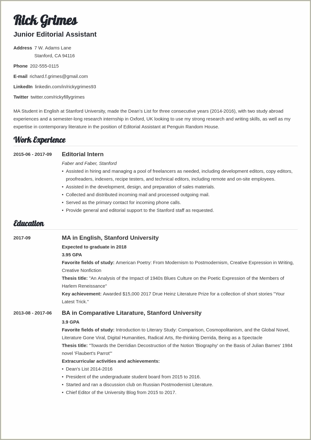 Resume After First Job After College