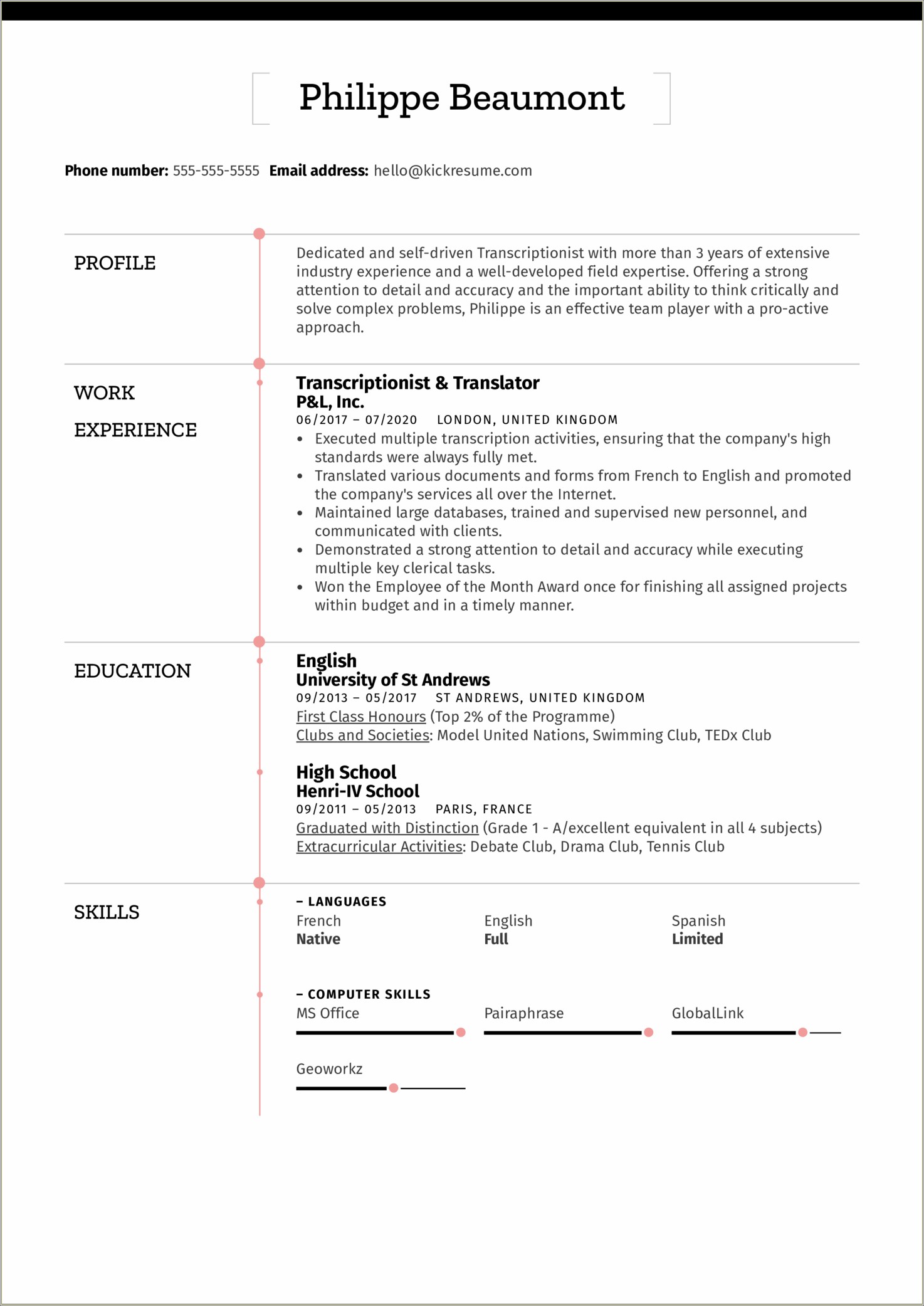 Resume And Copy Page For Transcripter Examples