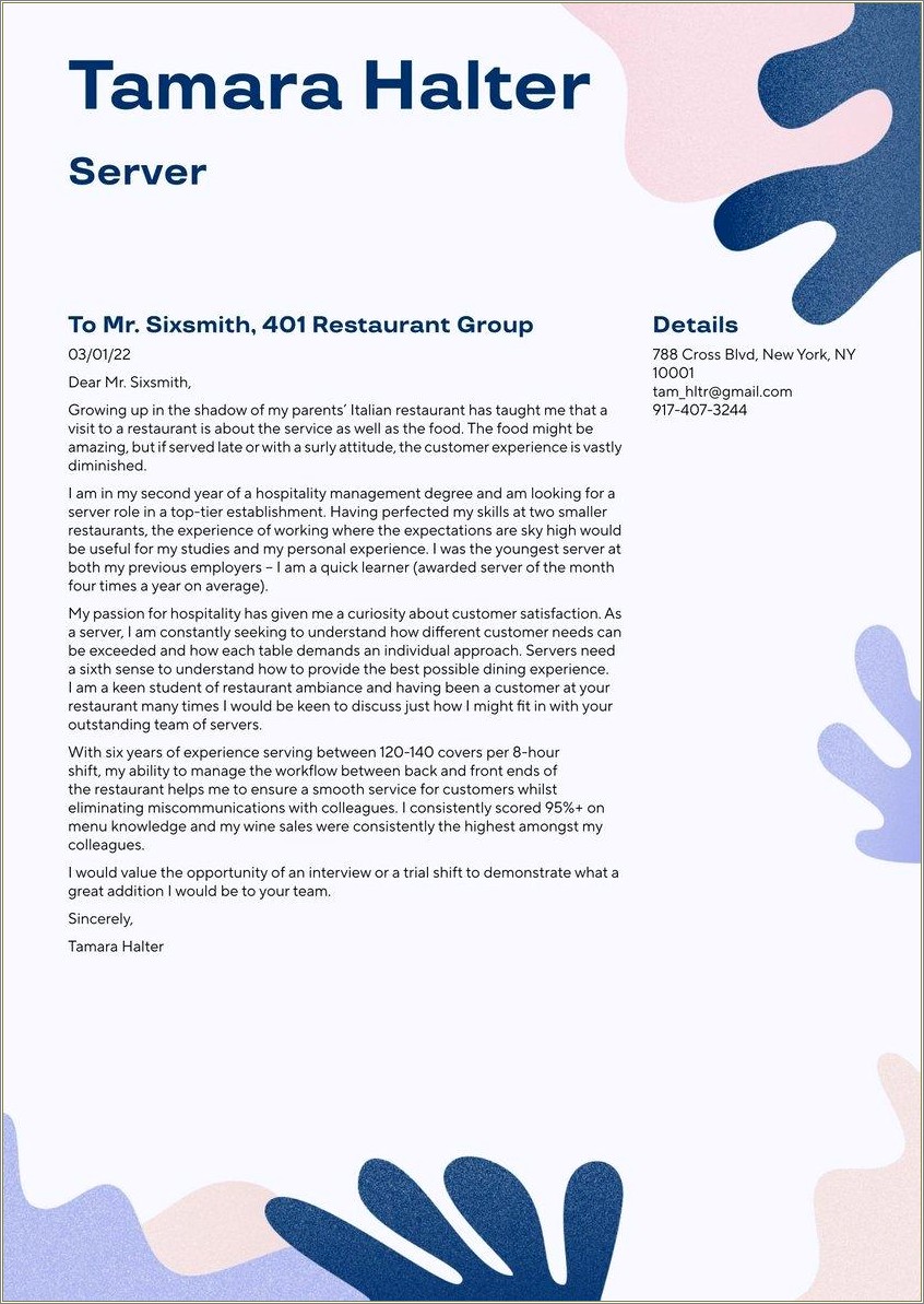 Resume And Cover Letter For Restaurant