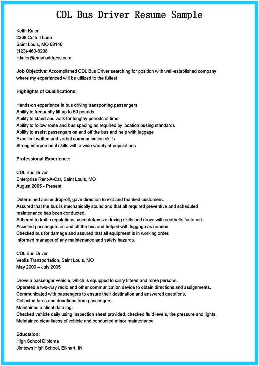 Resume And Objective For Bus Driver