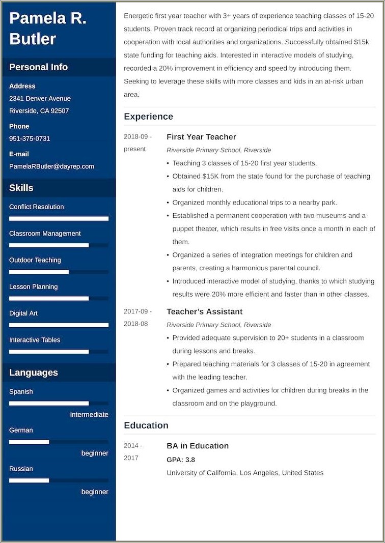 Resume Application For Inexperienced Teacher Example