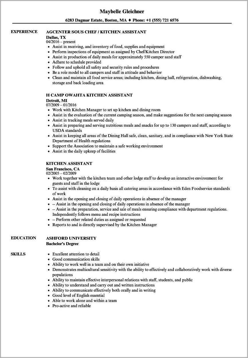 Resume Application Objective In Kitchen Helper