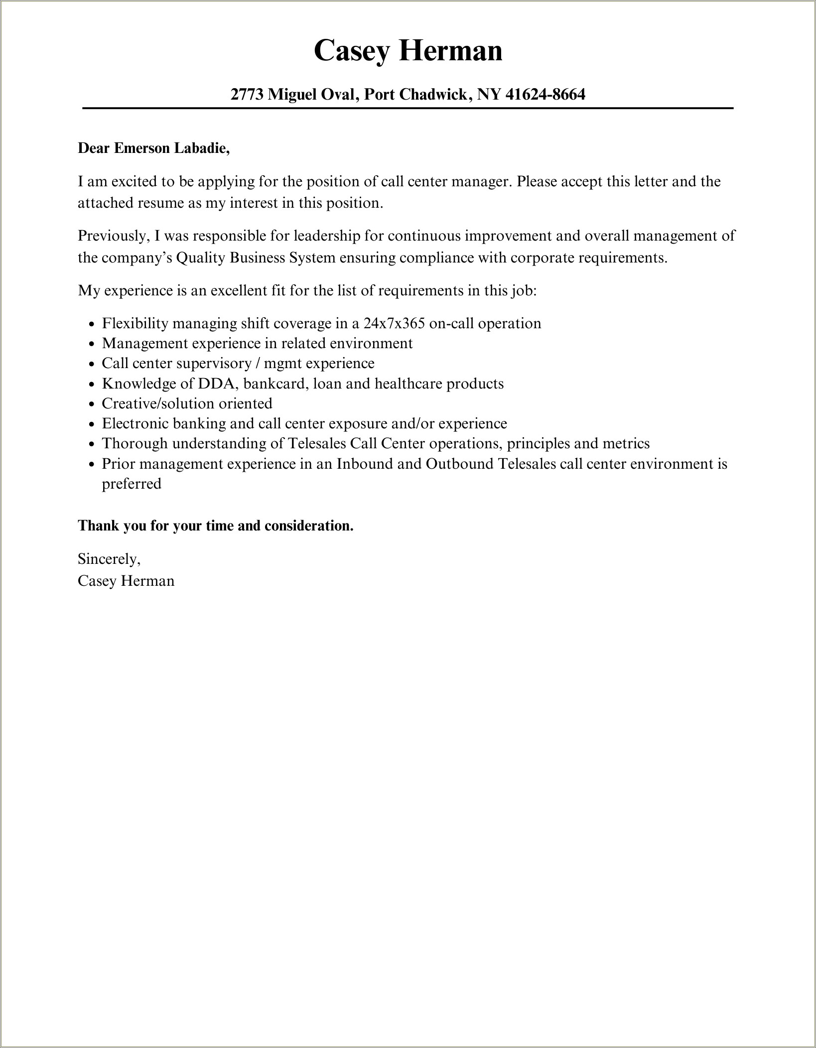 Resume Bank Call Centers Cover Letter