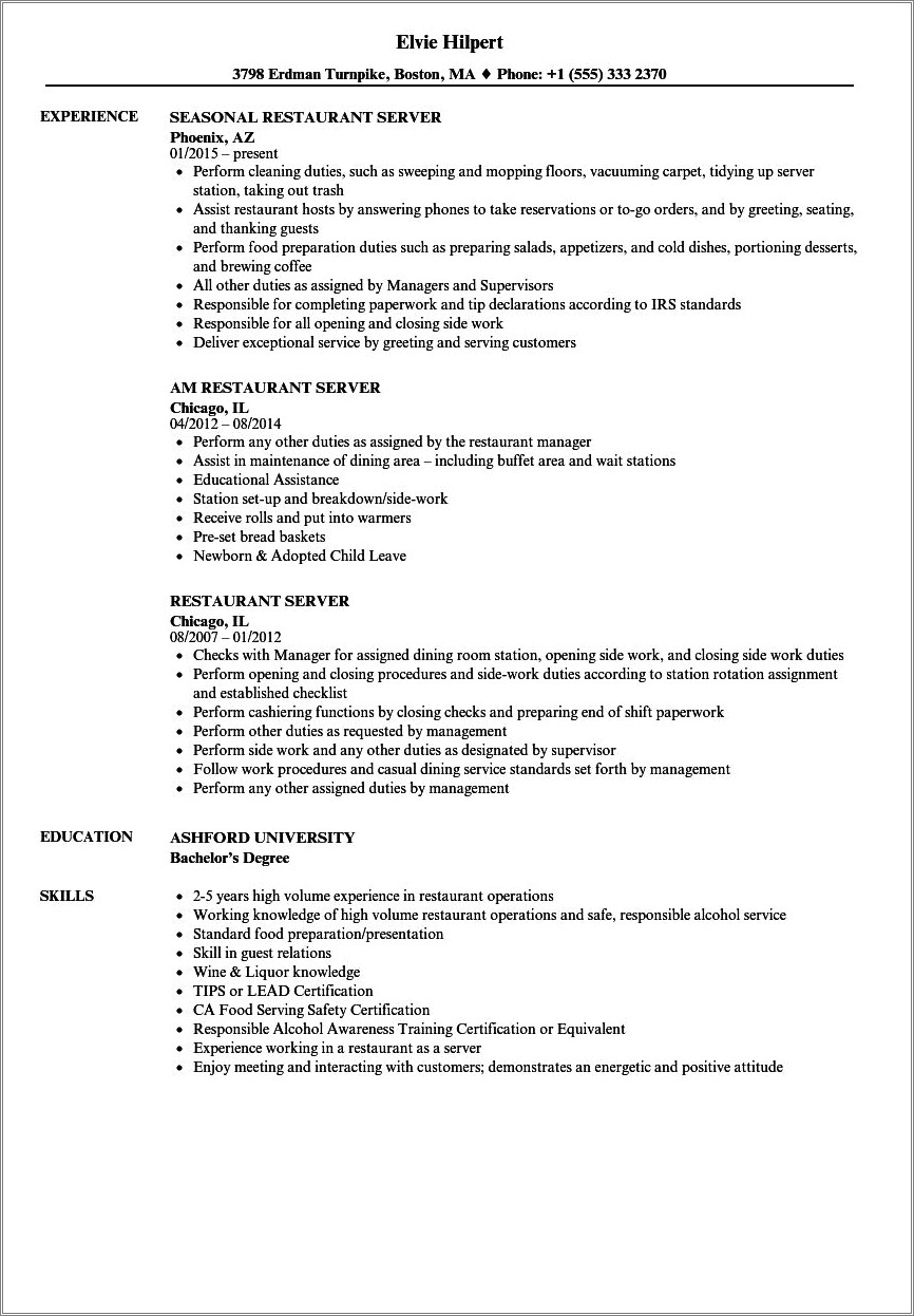 Resume Bullet Points For Serving Job