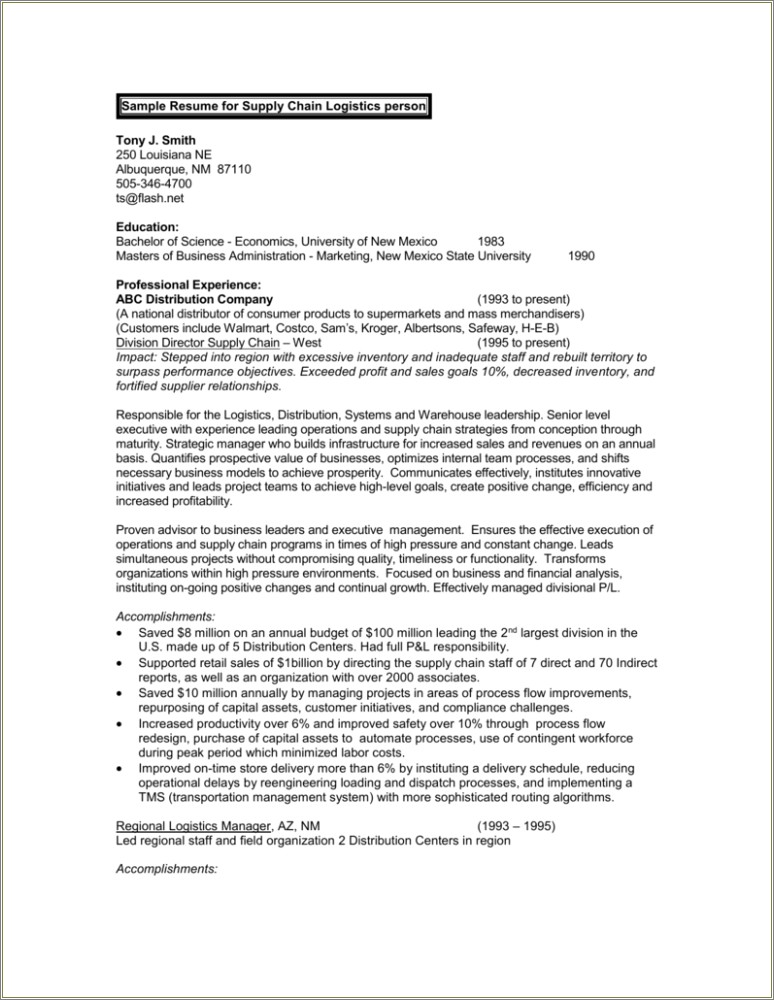 Resume Career Objective For Logistics Manager