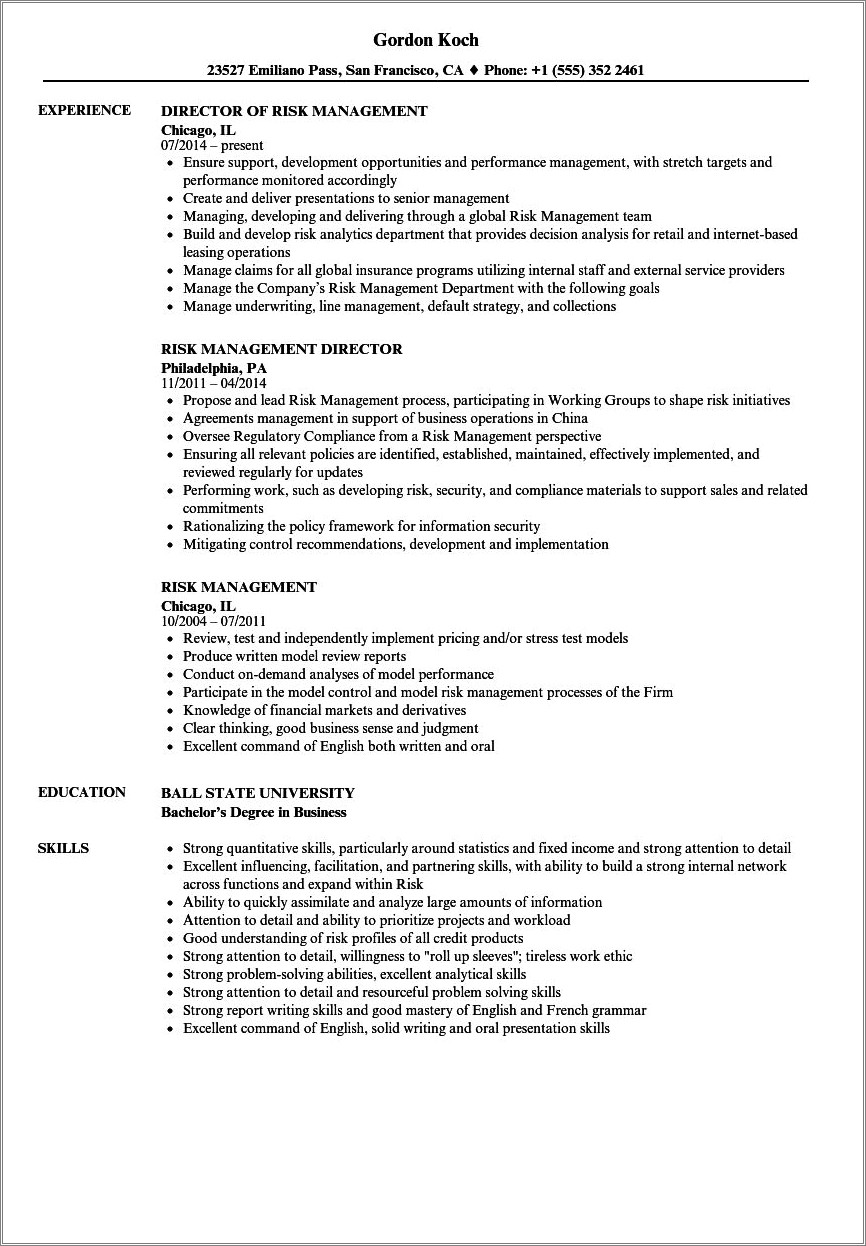 Resume Career Objective For Quantitative Risk And Insurance