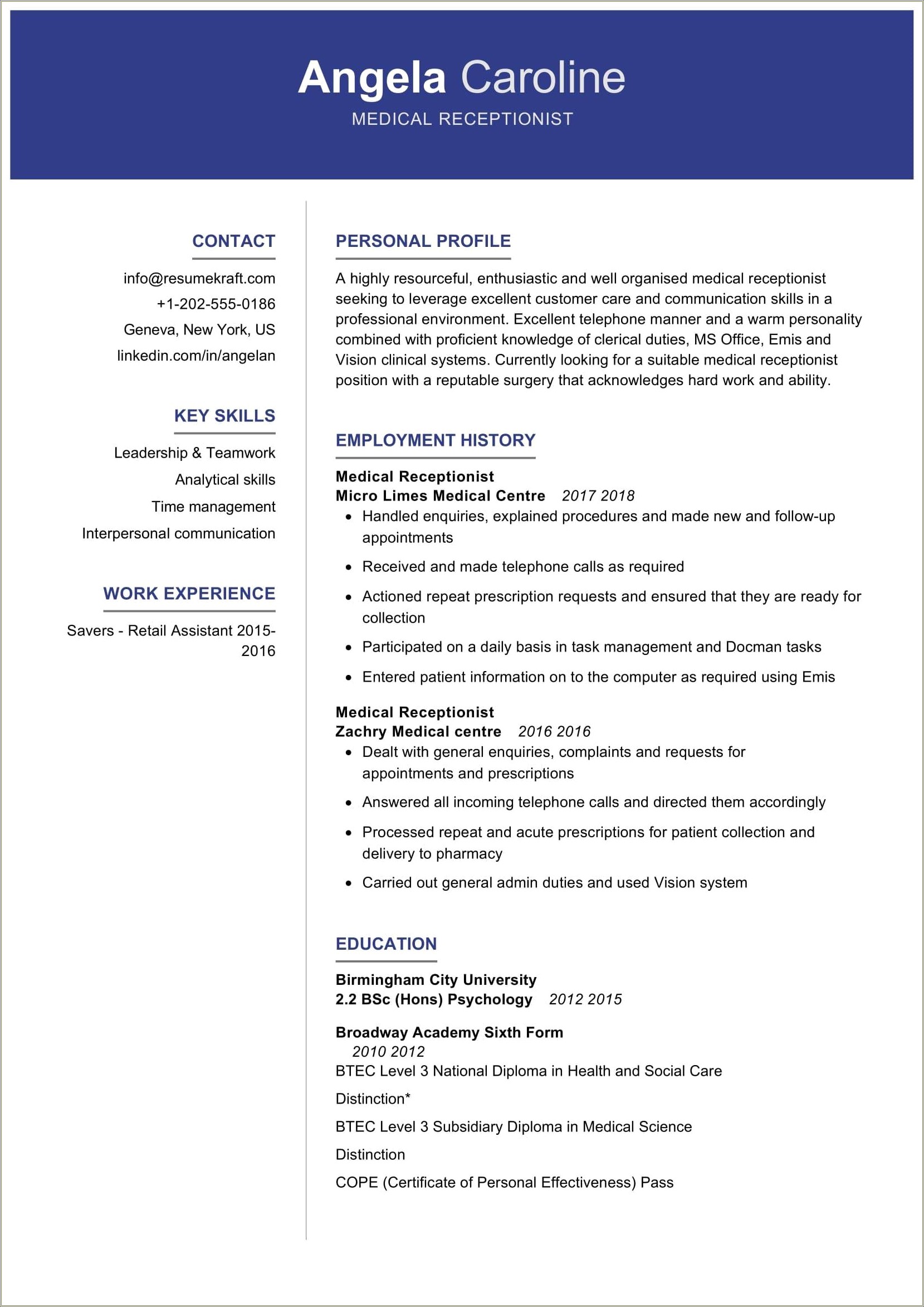 Resume Career Overview Example For Medical Receptionist