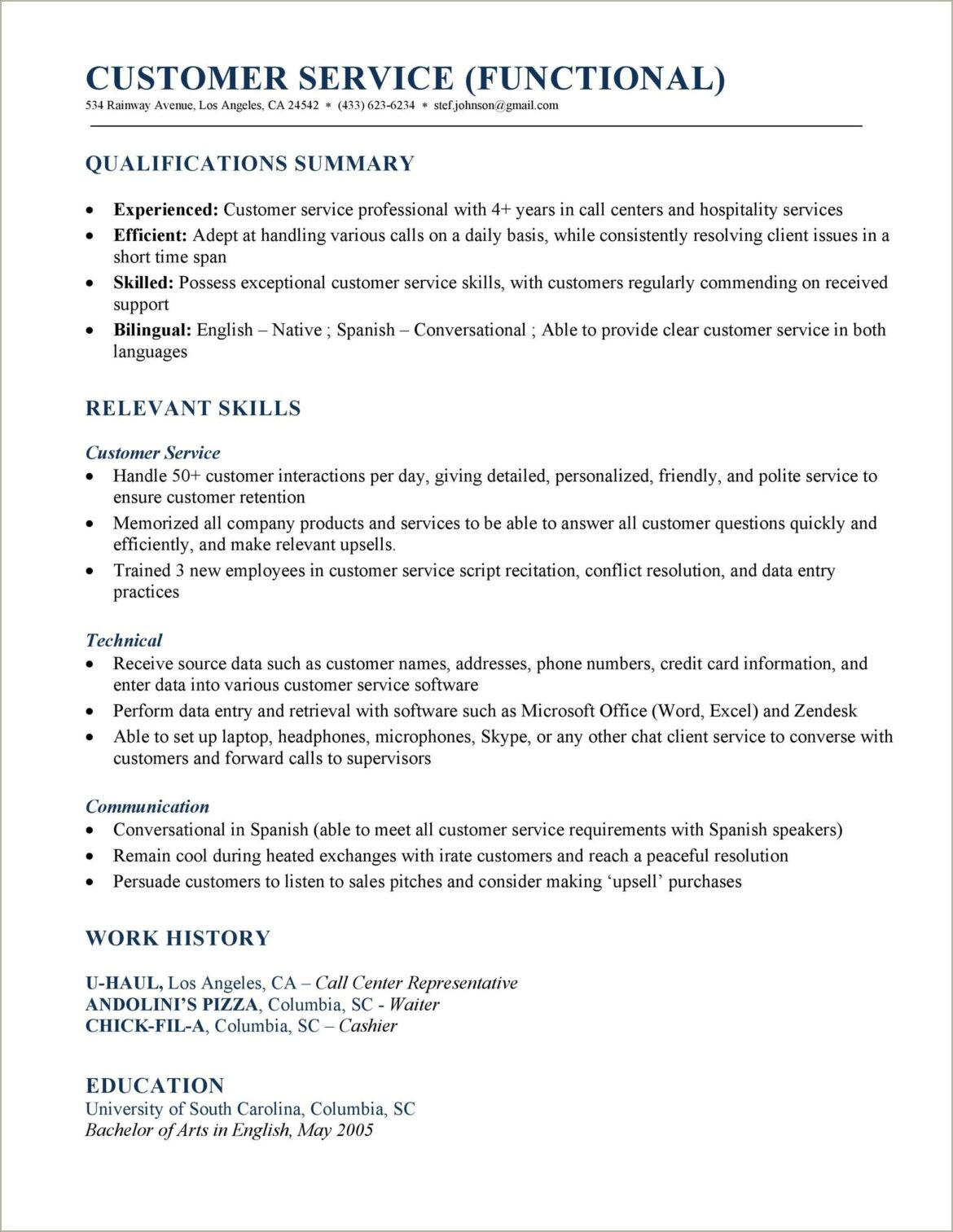 Resume Career Summary Customer Service Call Center