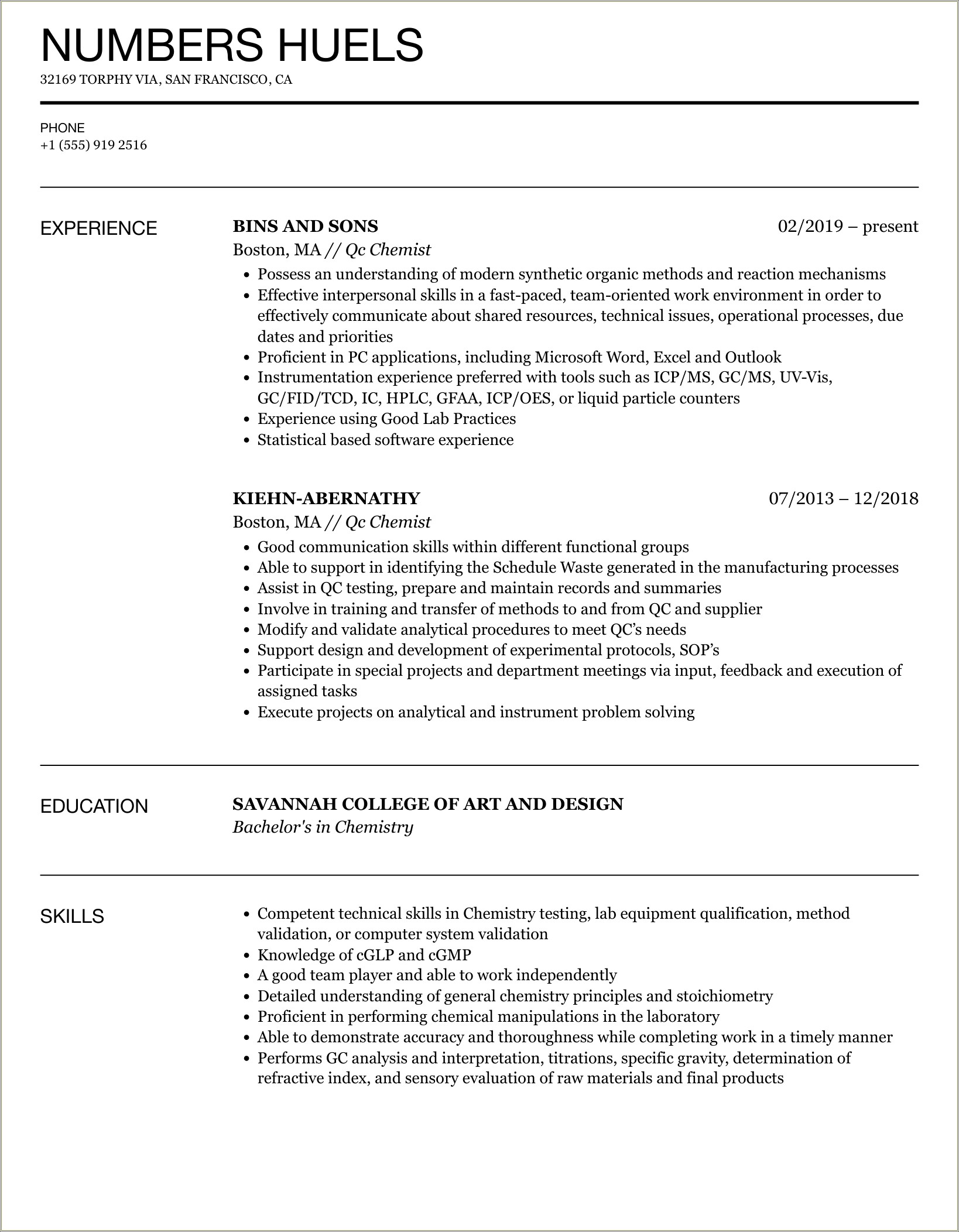 Resume Chemistrry Less Than A Year Experience