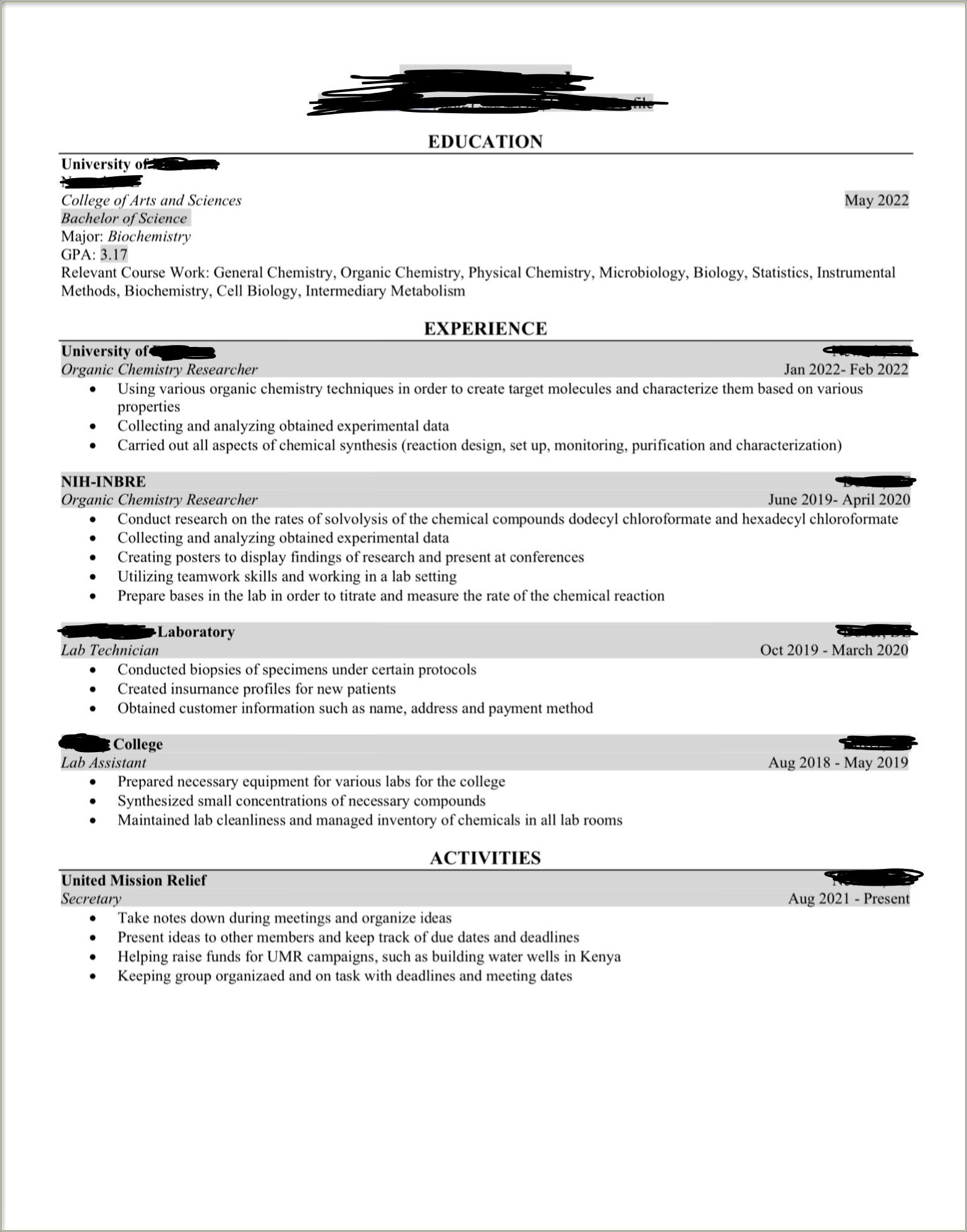 Resume Chemistry Less Than A Year Experience