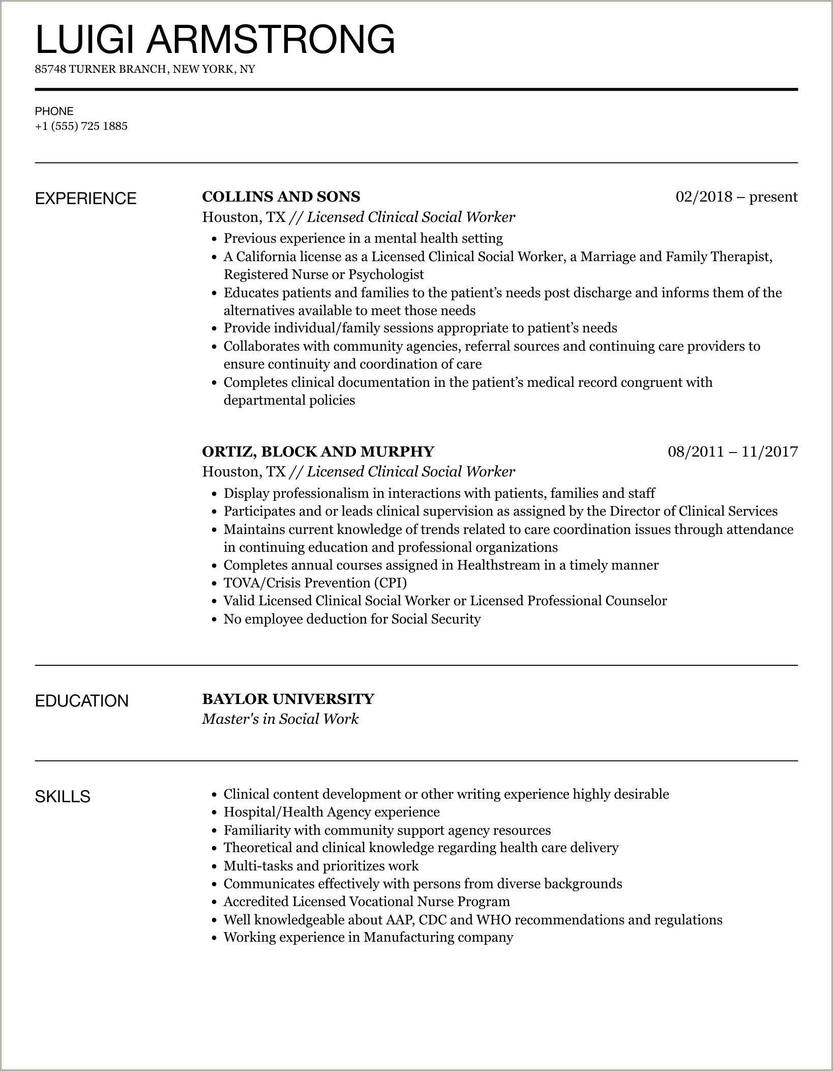 Resume Clinical Social Worker Focus Geriatric