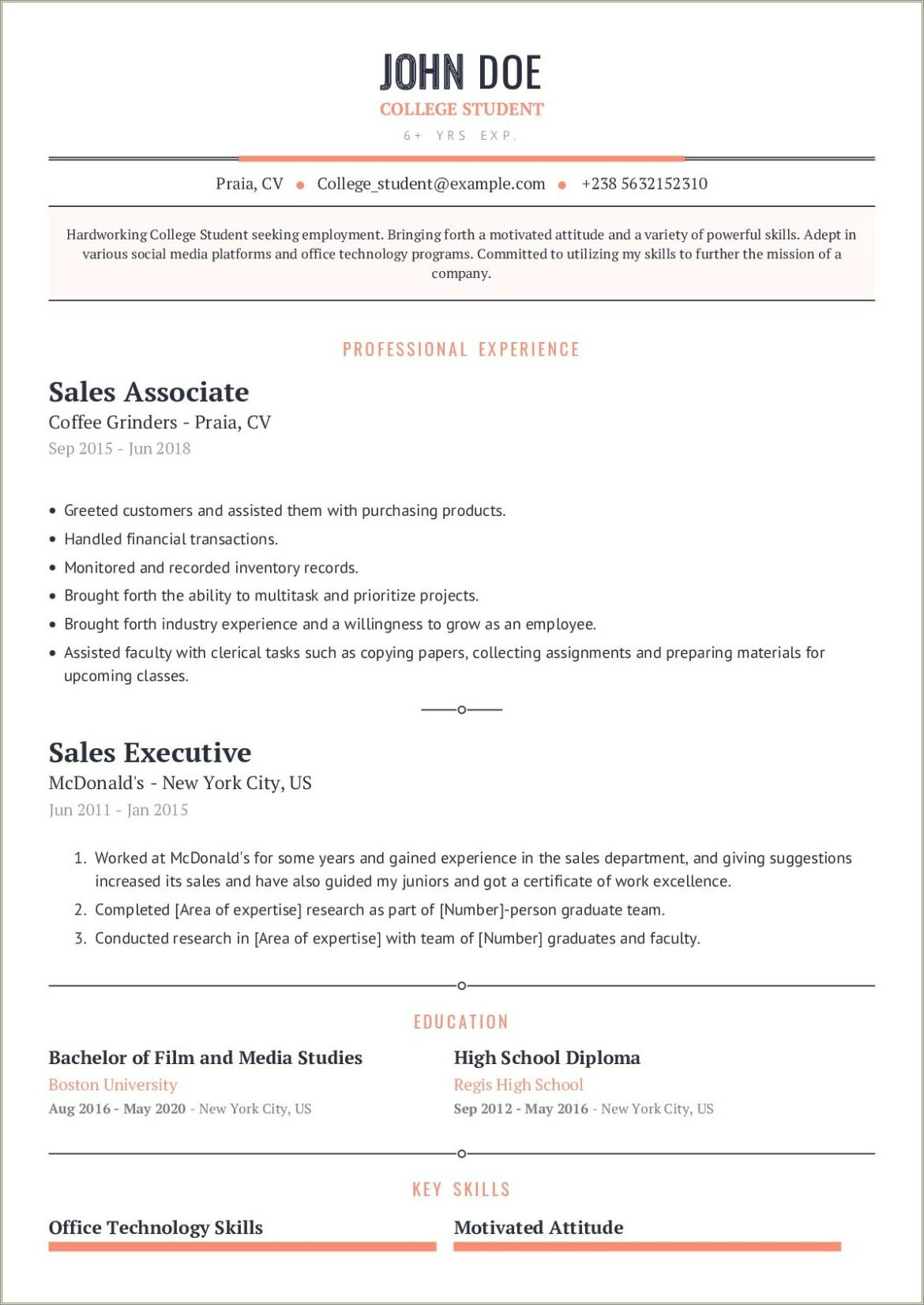 Resume College Experience Of A Skill