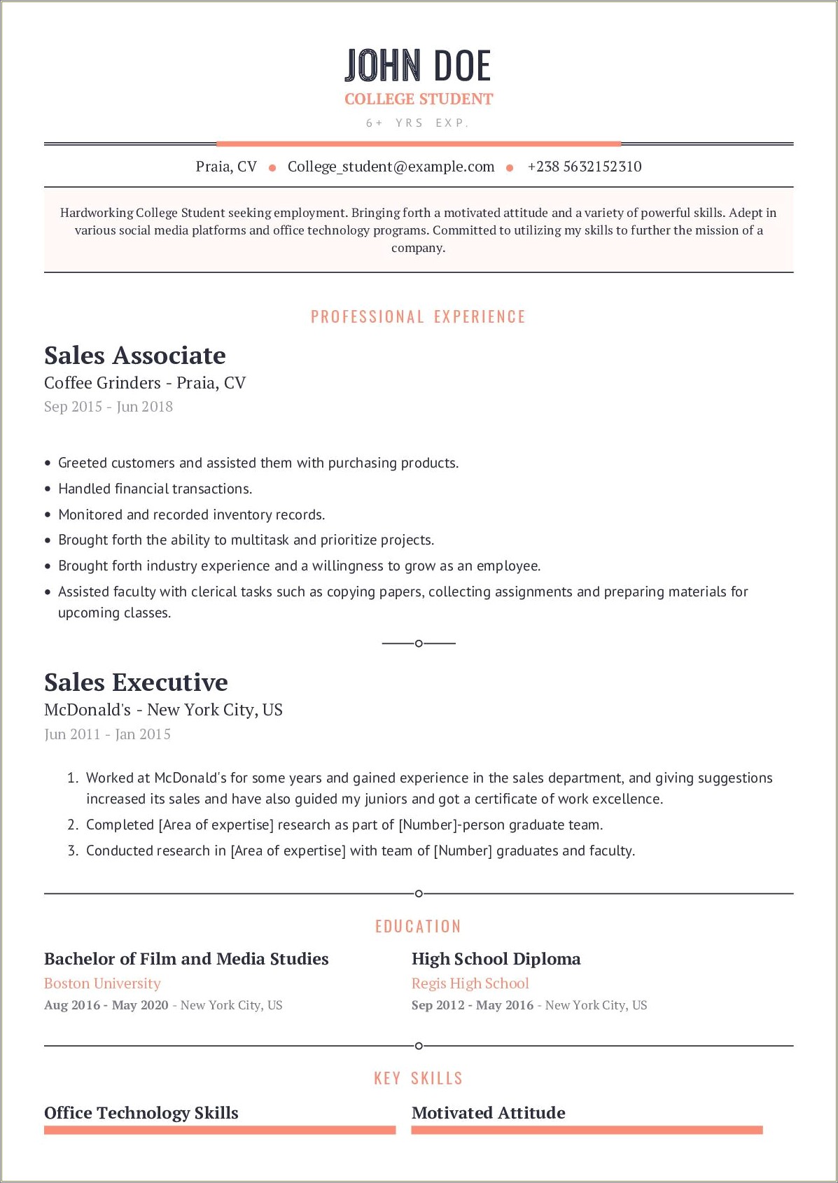 Resume College Experience Of A Skill