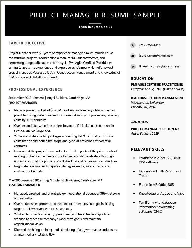 Resume Construction Project Manager Objective Statement