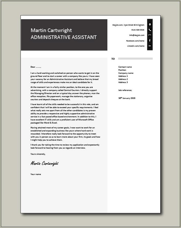 Resume Cover Letter Administrative Assistant Example