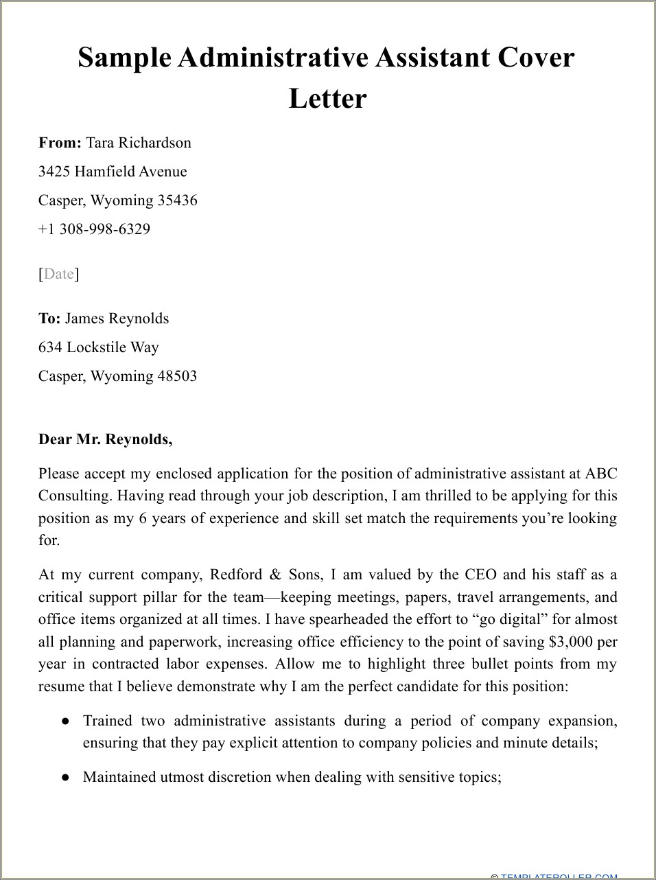 Resume Cover Letter Administrative Assistant Position
