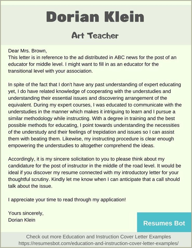 Resume Cover Letter Art Teacher Examples