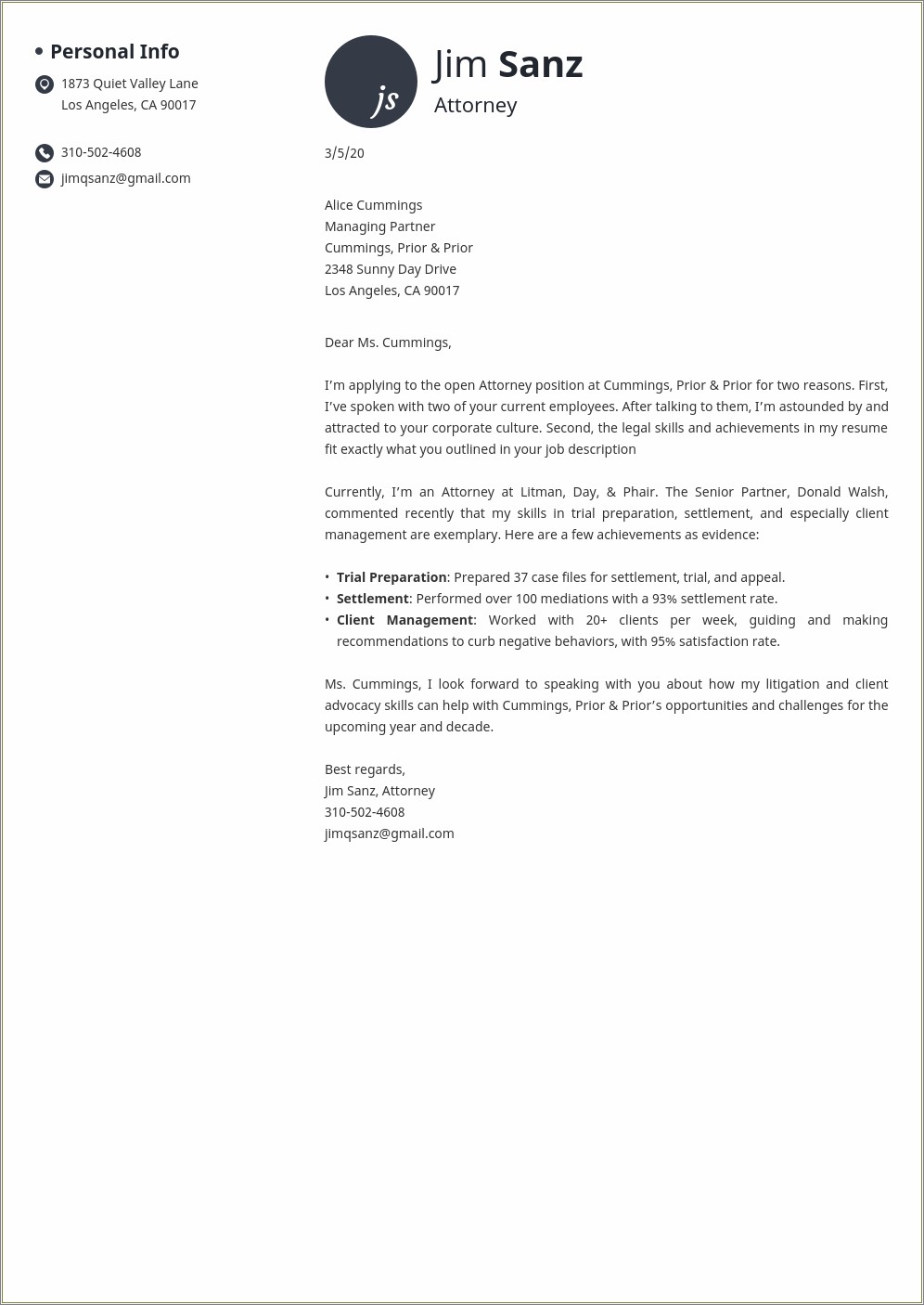 Resume Cover Letter Corporate Counsel Position