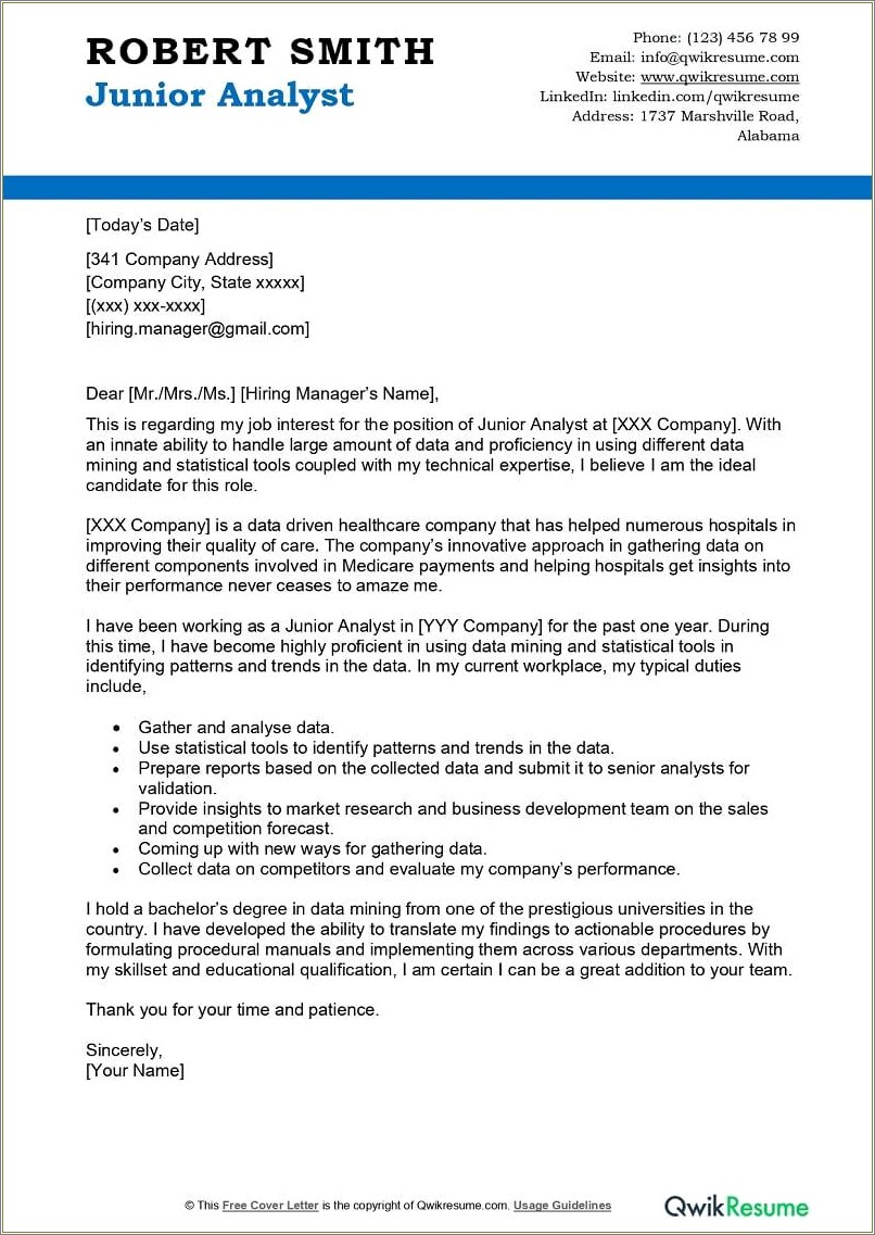 Resume Cover Letter Examples Data Analyst